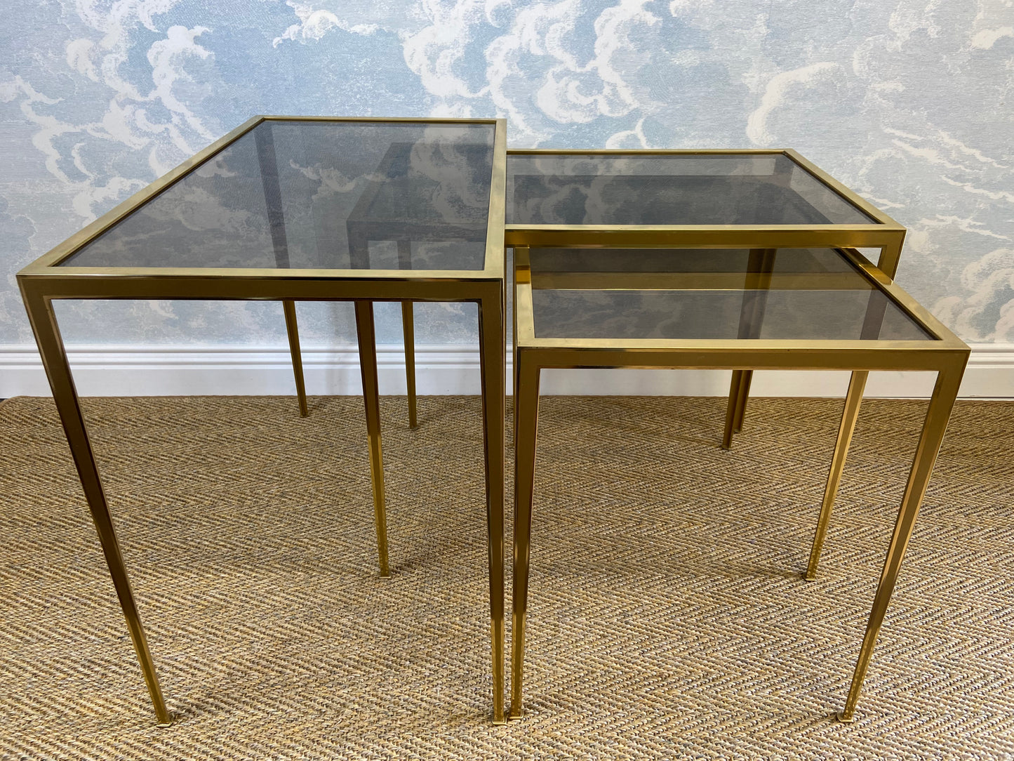 Set of 3 Nesting Tables Brass 60s Hollywood Regency Vereinigte Werkstätten Side Coffee Table