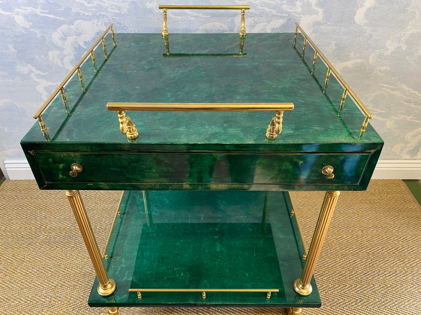 Aldo Tura Side Table on Wheels in Emerald Green with Brass Detail and 2 Drawers