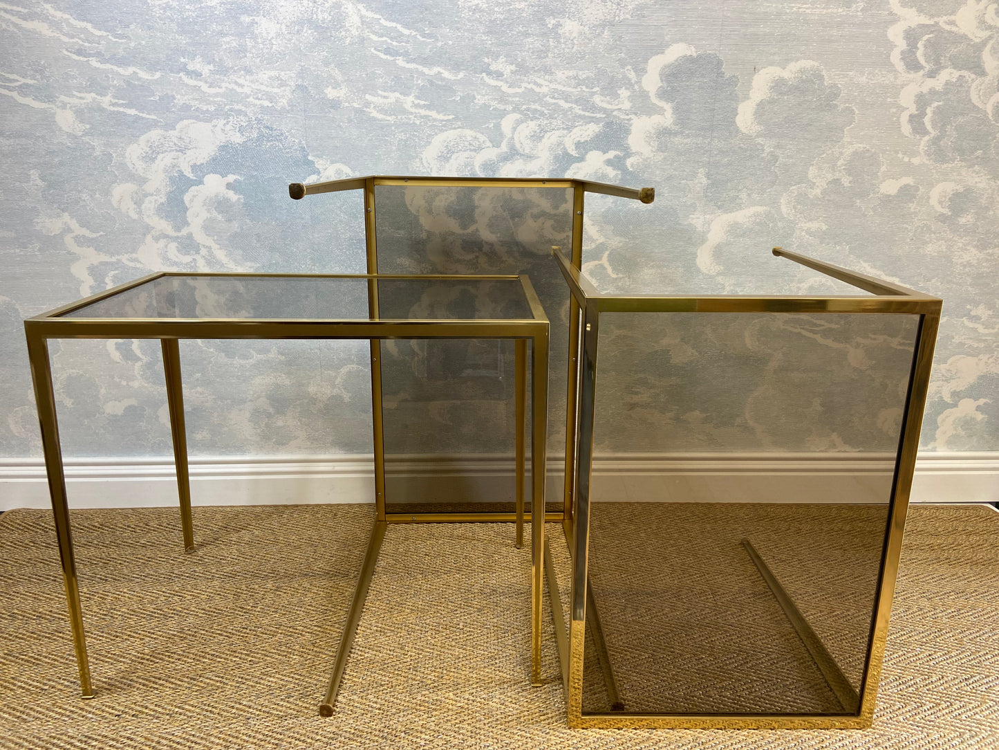 Set of 3 Nesting Tables Brass 60s Hollywood Regency Vereinigte Werkstätten Side Coffee Table