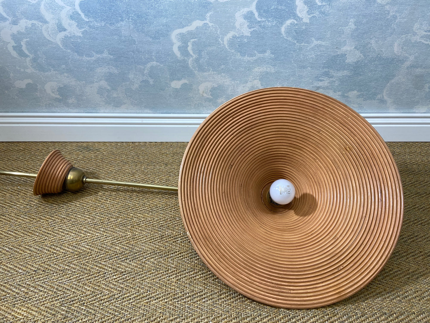 Pencil Reed Pendant Lamp with Extendable Brass Rod, Italy, Mid-Century Modern