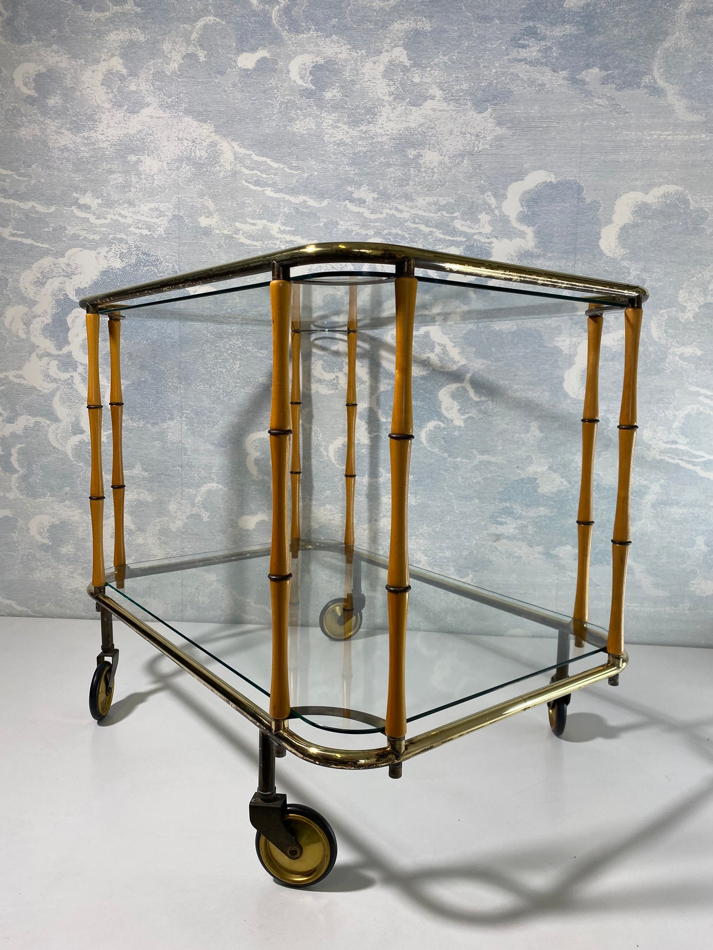 Bamboo Cocktail Trolley Bar Cart Attr. Maison Jansen, Vintage 60s Boho Midcentury Dry Bar
