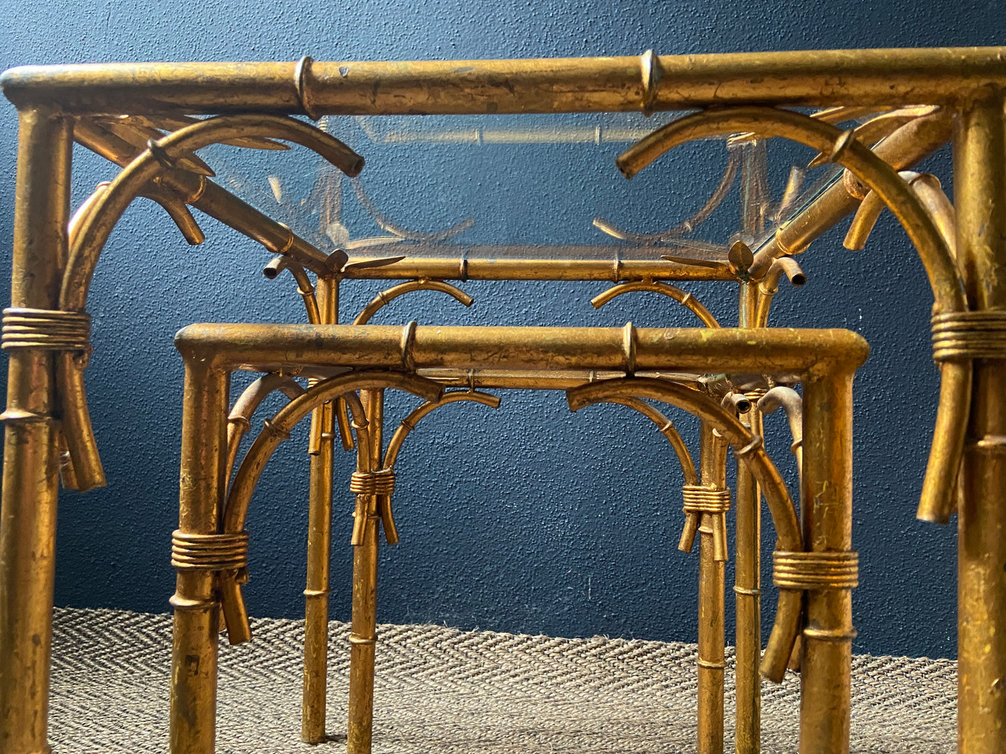 Pair of Faux Bamboo Nesting Tables with Glass Tops, France, 1960s
