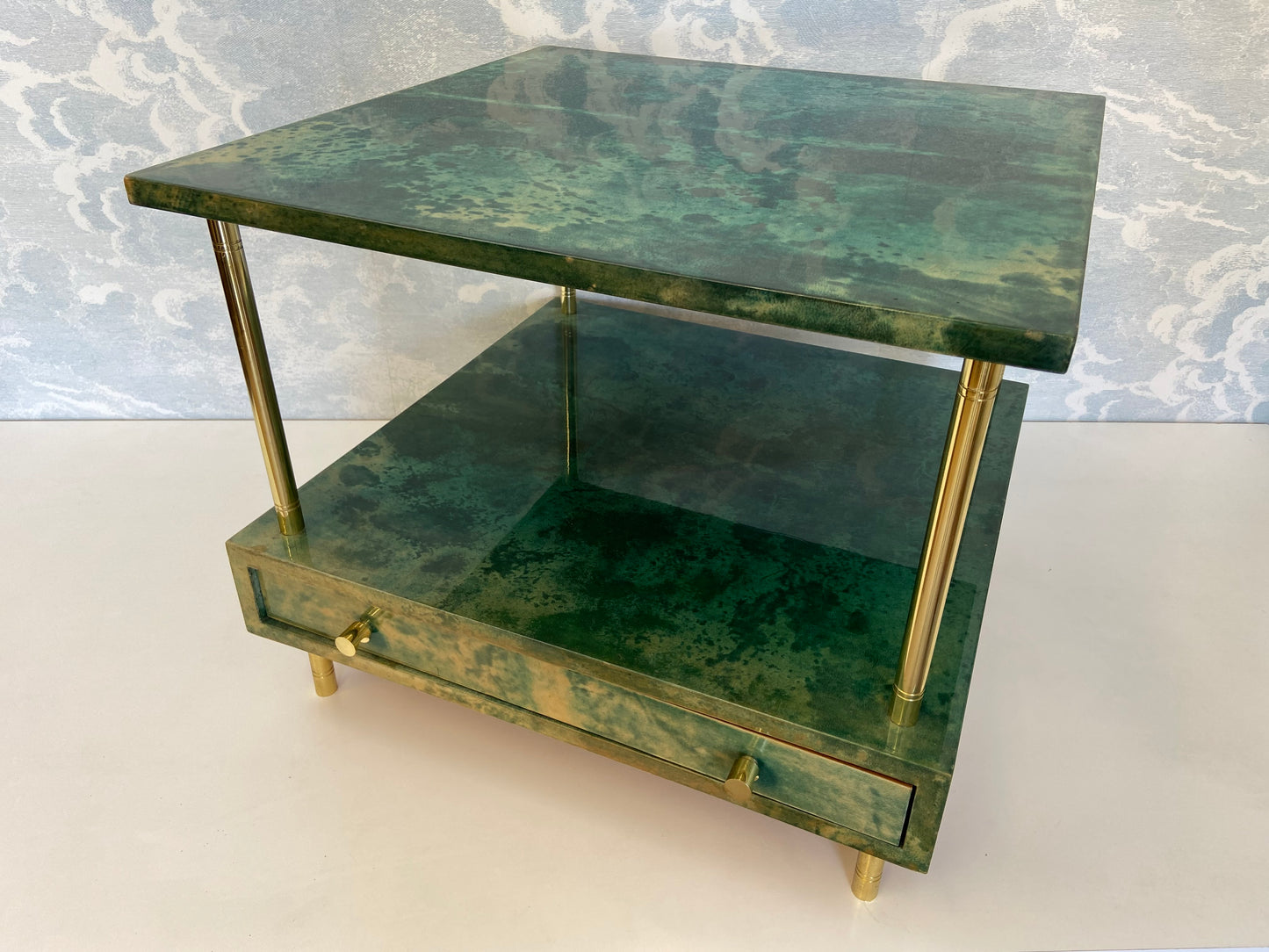 Aldo Tura Side Table in Aqua Green with Brass Legs and Bottom Drawer
