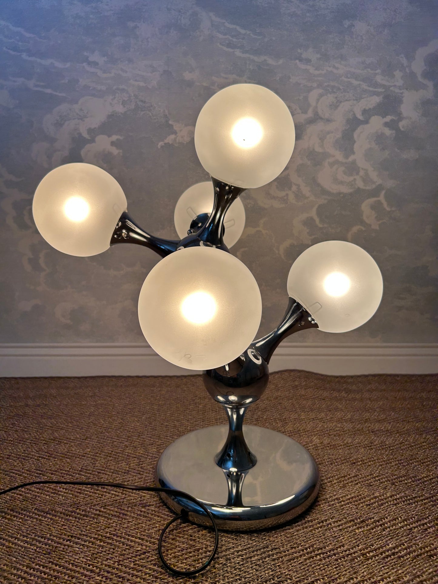 Unique Table Lamp with Chrome Frame and Opaque Glass Globes, 1970's, Space Age, Atomic Age, Sputnik