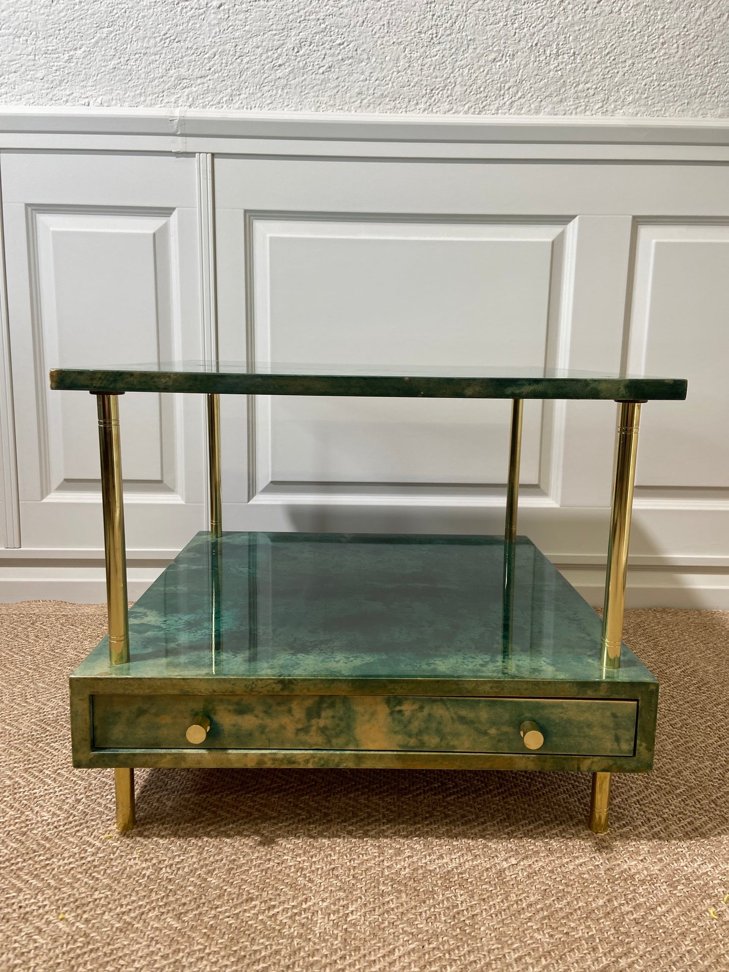 Aldo Tura Side Table in Aqua Green with Brass Legs and Bottom Drawer