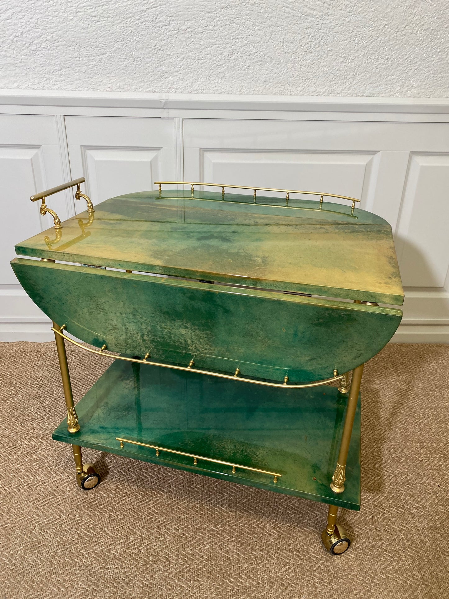 ALDO TURA Bar Cart in Green with Foldable Sides, Italy, 1960s