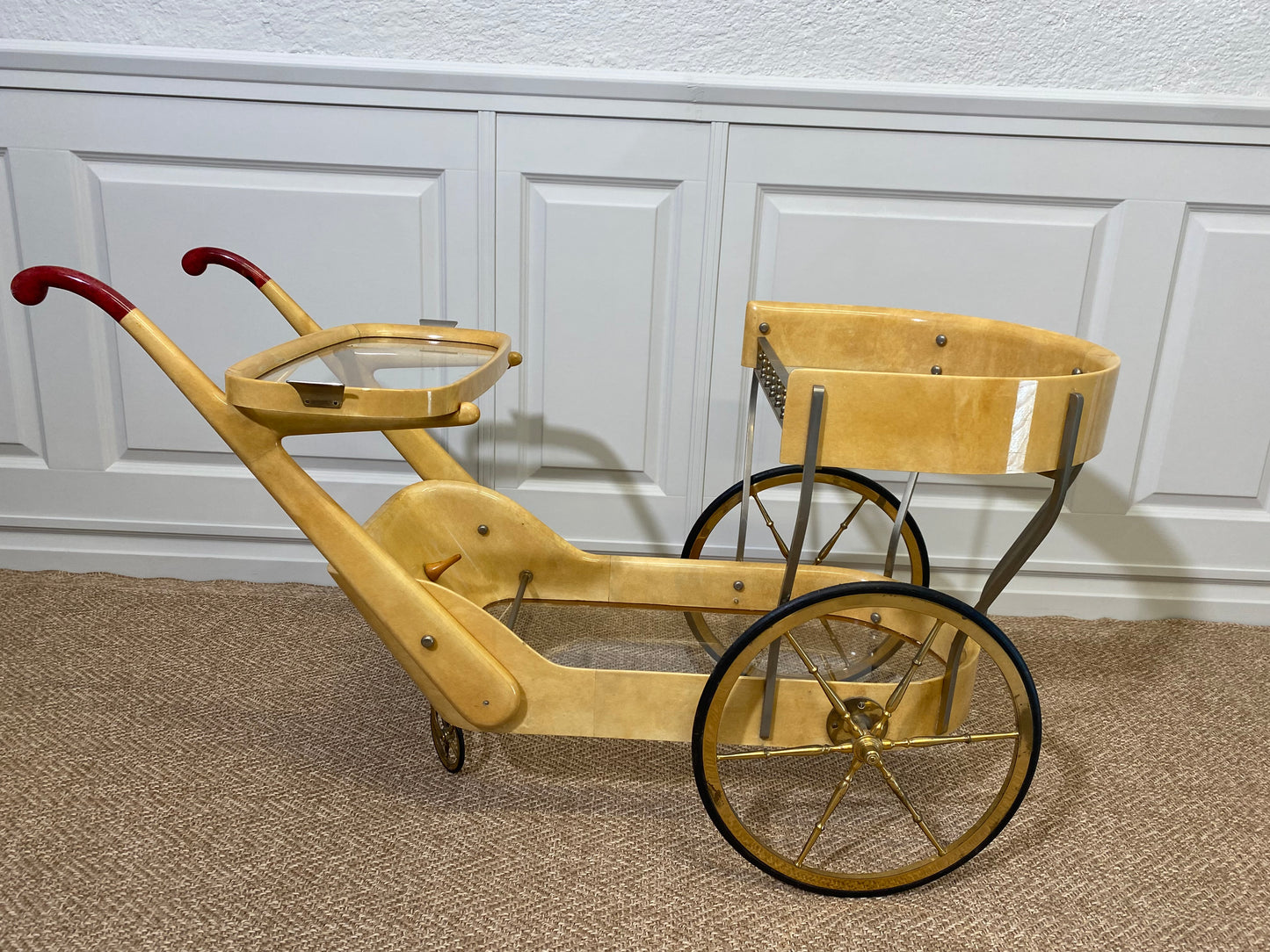 Cream Colored Aldo Tura Bar Cart Serving Trolly, Italy 1960s