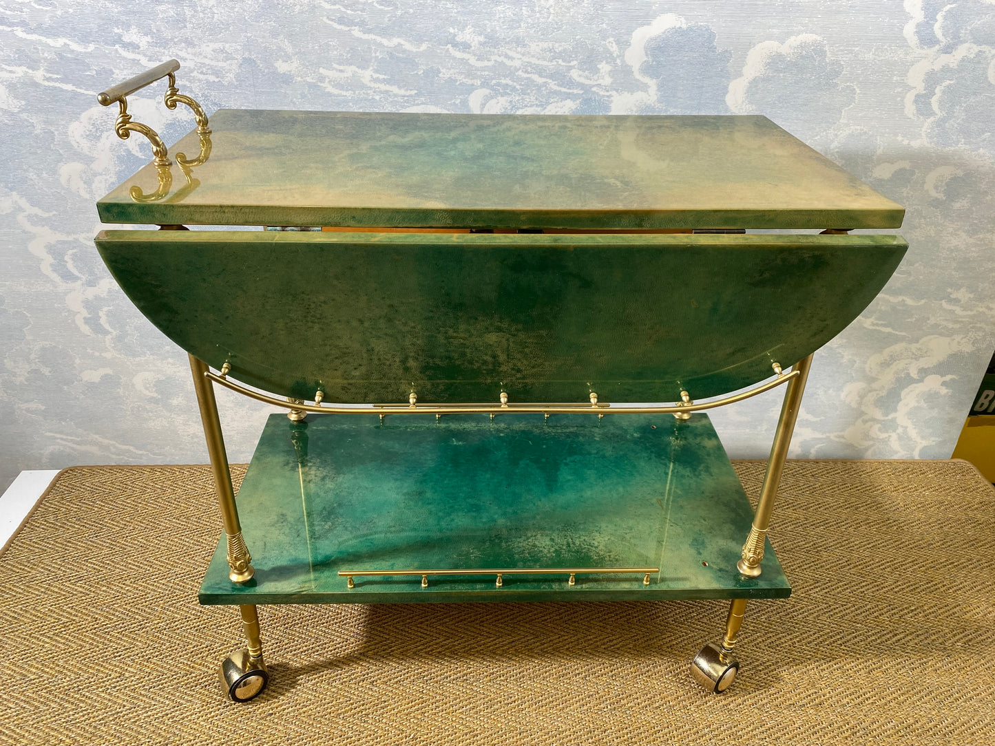ALDO TURA Bar Cart in Green with Foldable Sides, Italy, 1960s