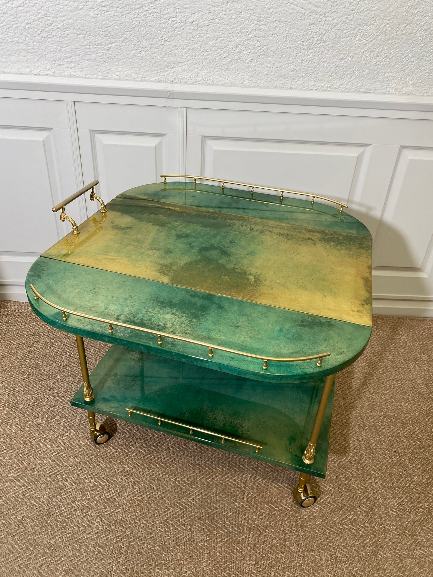ALDO TURA Bar Cart in Green with Foldable Sides, Italy, 1960s