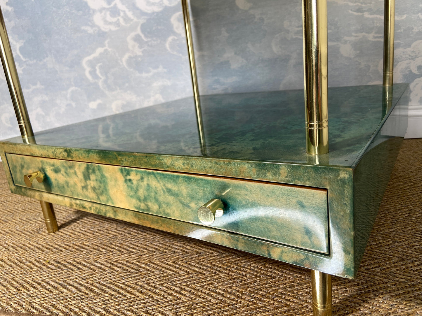 Aldo Tura Side Table in Aqua Green with Brass Legs and Bottom Drawer