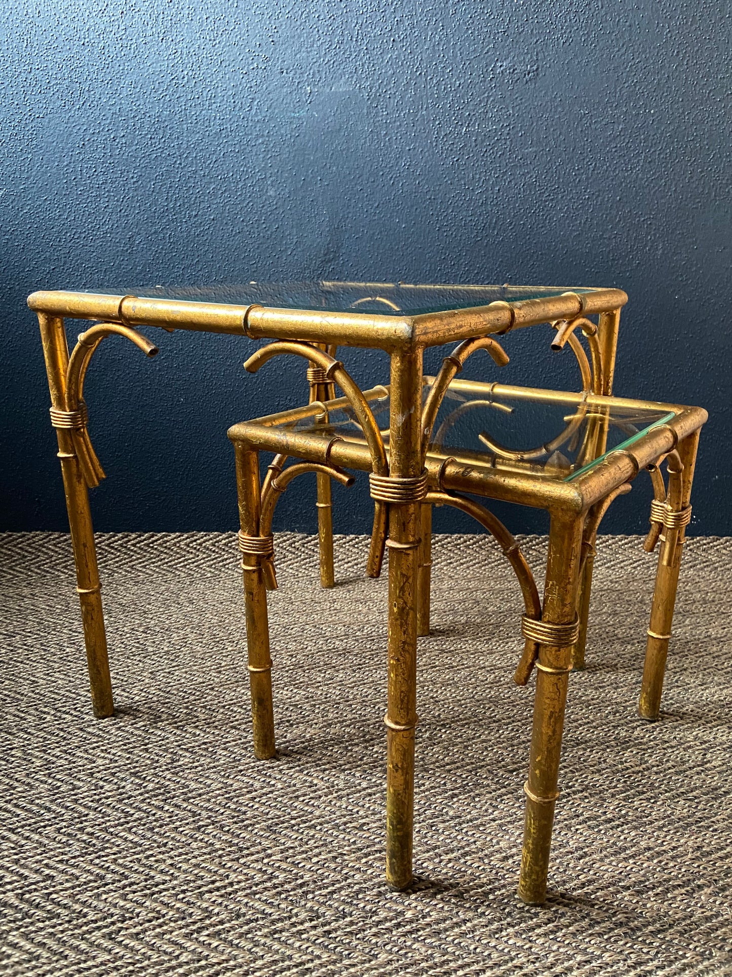 Pair of Faux Bamboo Nesting Tables with Glass Tops, France, 1960s