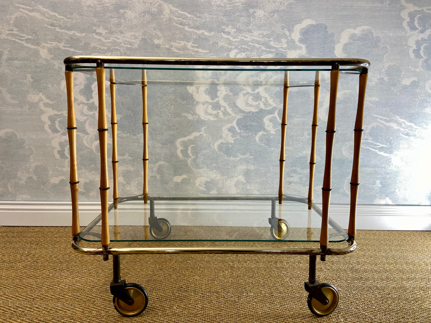 Bamboo Cocktail Trolley Bar Cart Attr. Maison Jansen, Vintage 60s Boho Midcentury Dry Bar