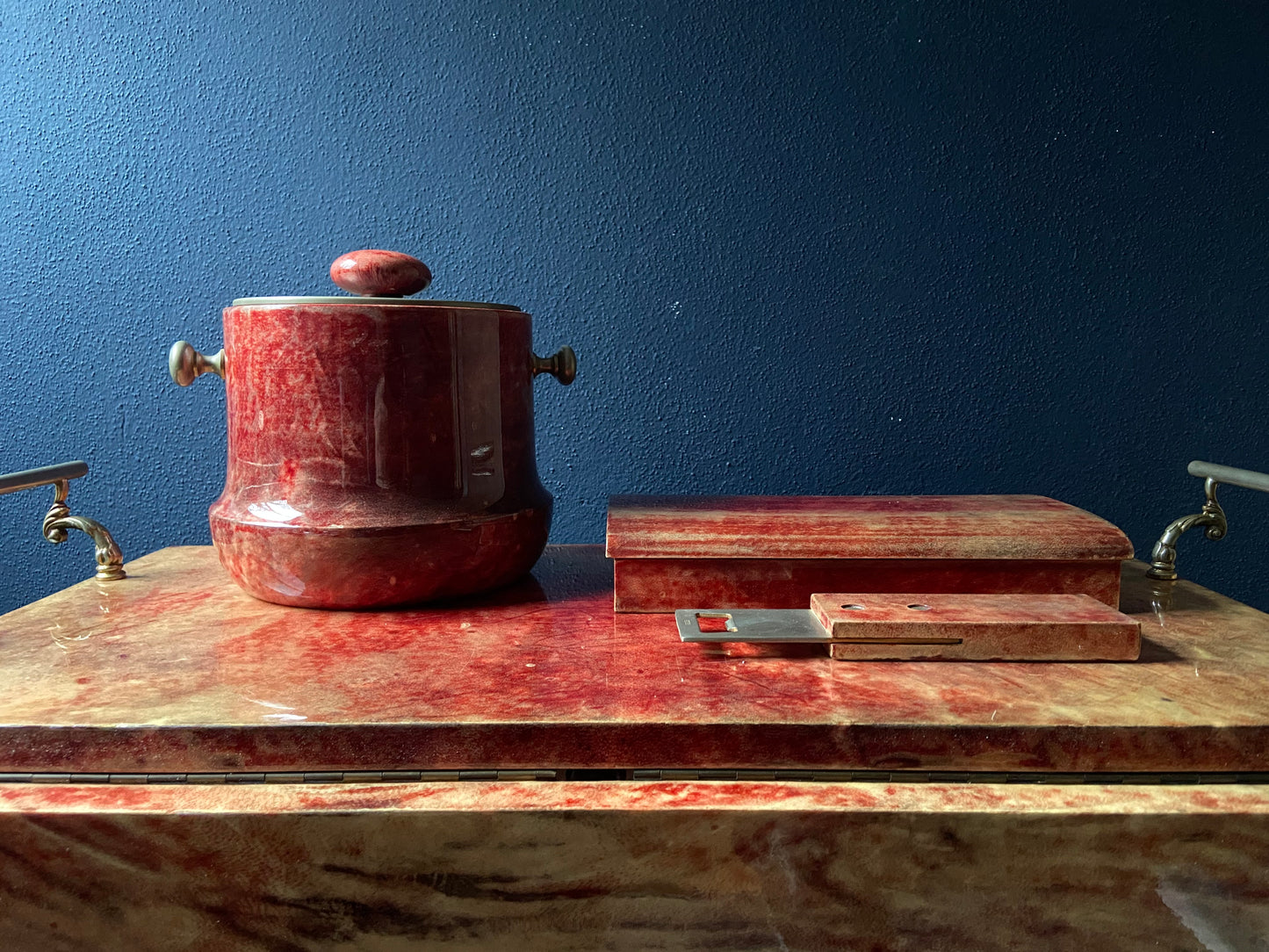 Red Aldo Tura Bar Accessory Set: Ice Cooler, Bottle Opener and Cigar Box