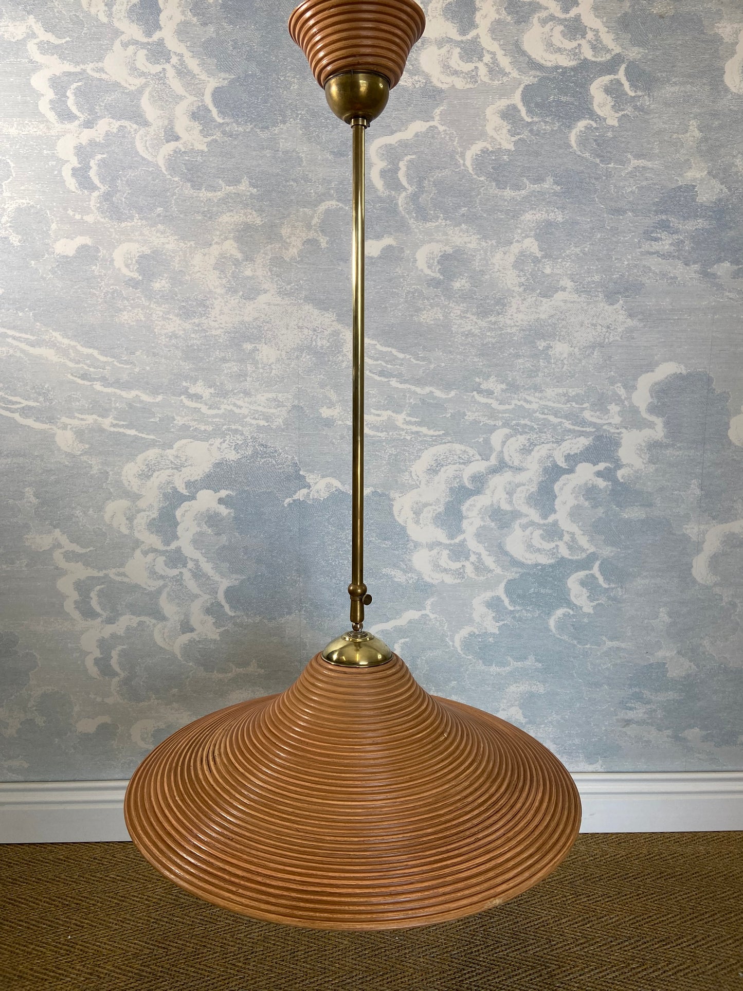 Pencil Reed Pendant Lamp with Extendable Brass Rod, Italy, Mid-Century Modern