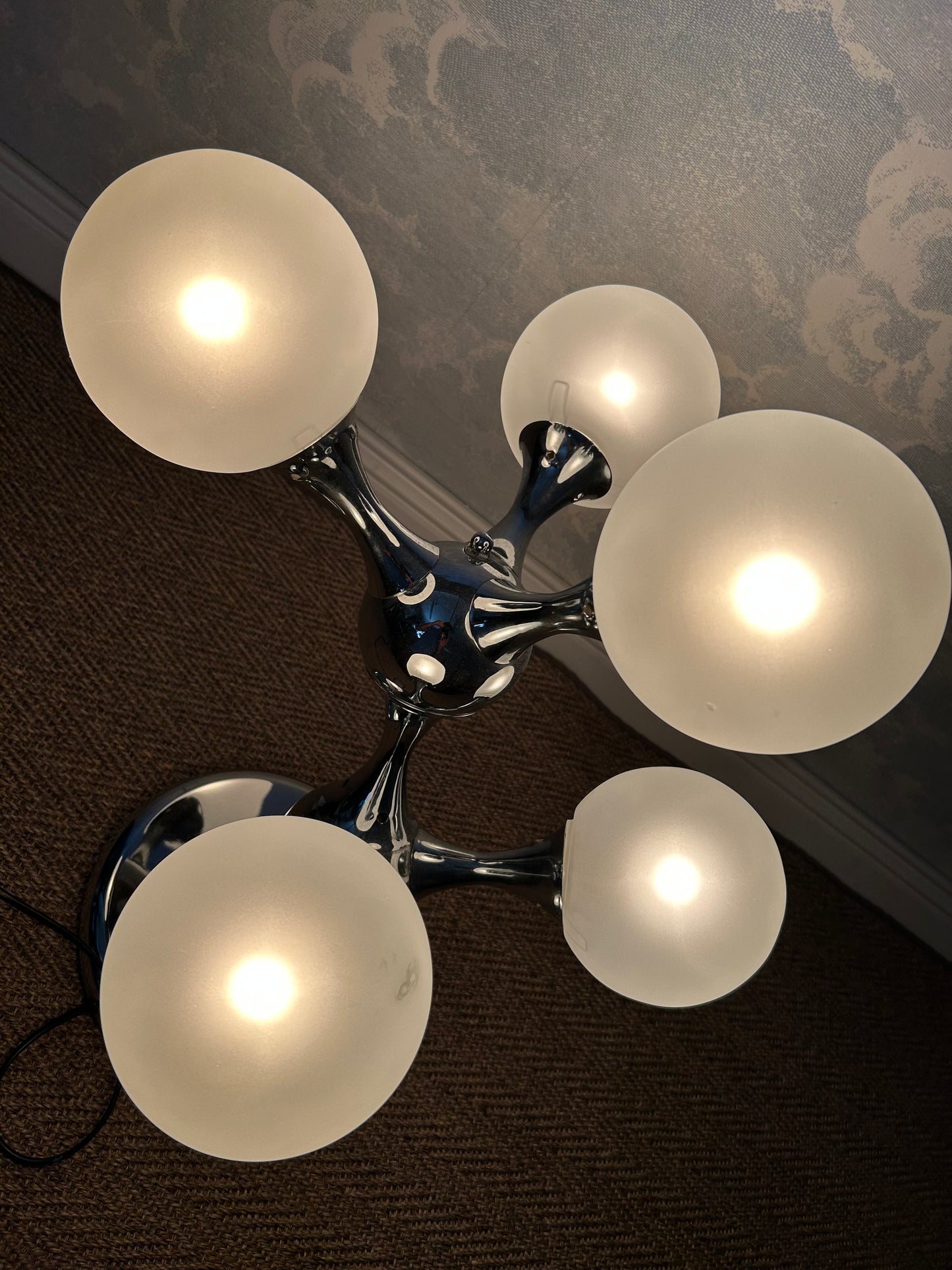 Unique Table Lamp with Chrome Frame and Opaque Glass Globes, 1970's, Space Age, Atomic Age, Sputnik