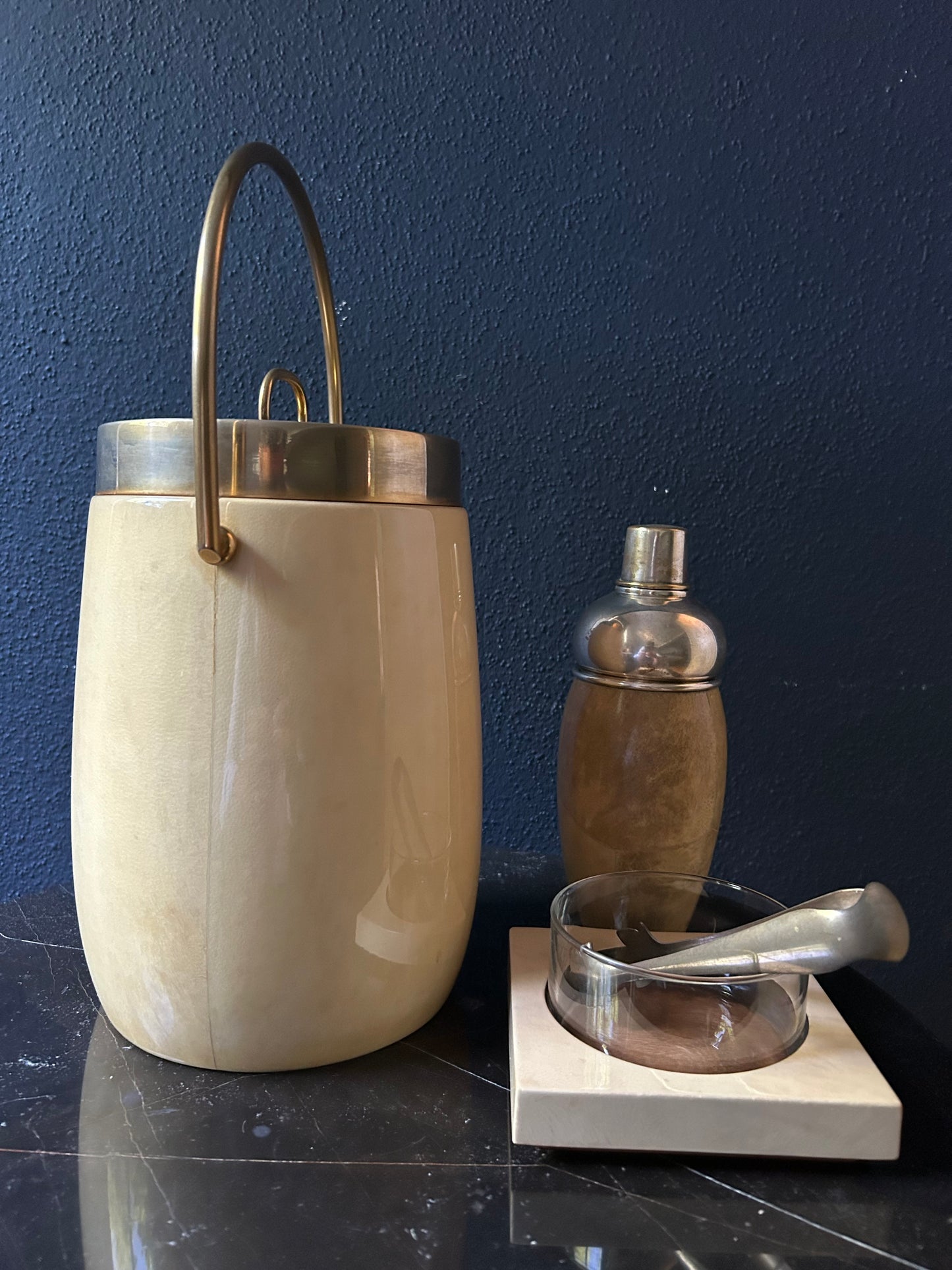 3 Piece Aldo Tura Barware Set with Ice Bucket, Shaker, Sugar Tong and Serving Bowl, Italy, 1970s