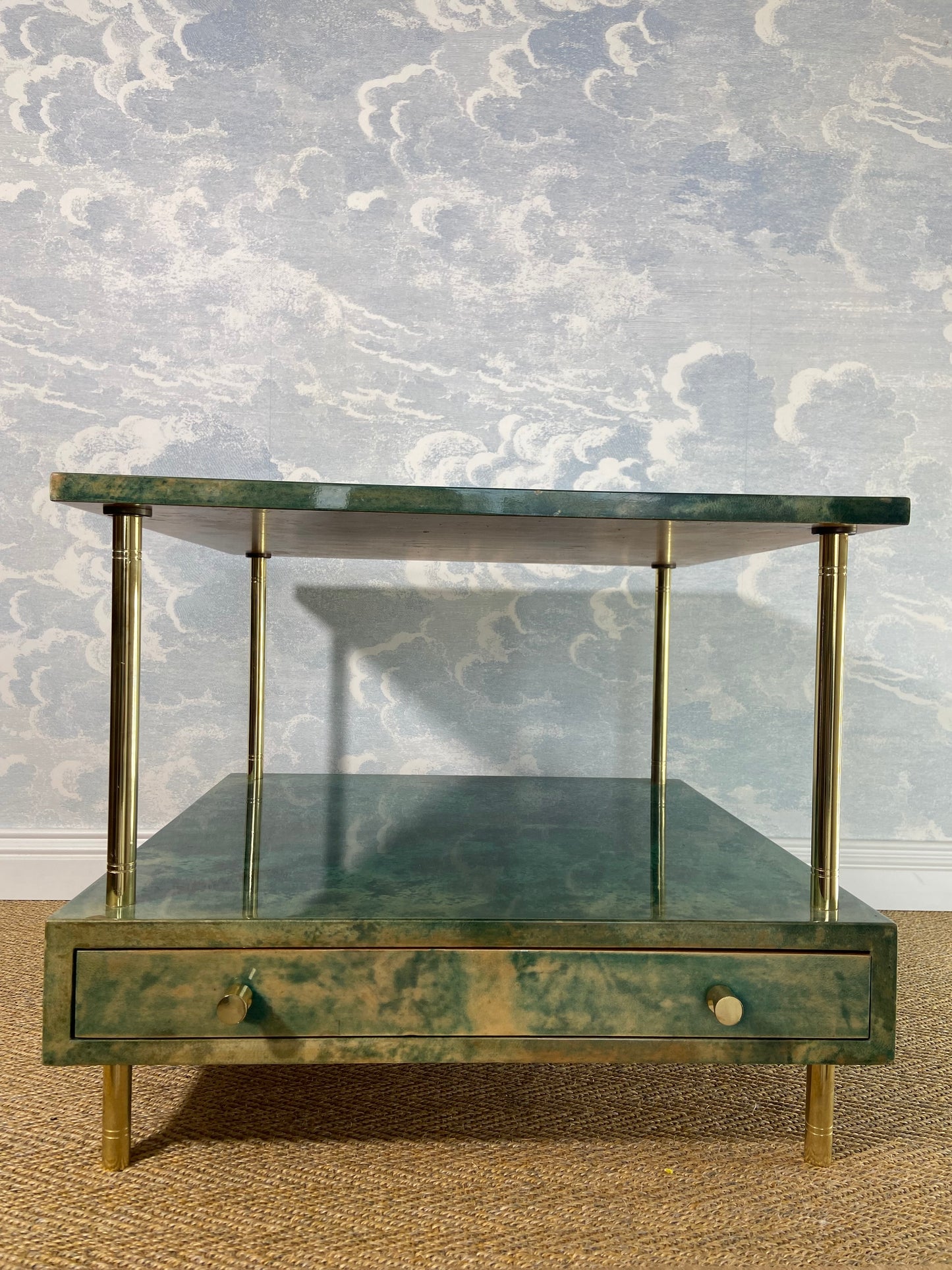 Aldo Tura Side Table in Aqua Green with Brass Legs and Bottom Drawer