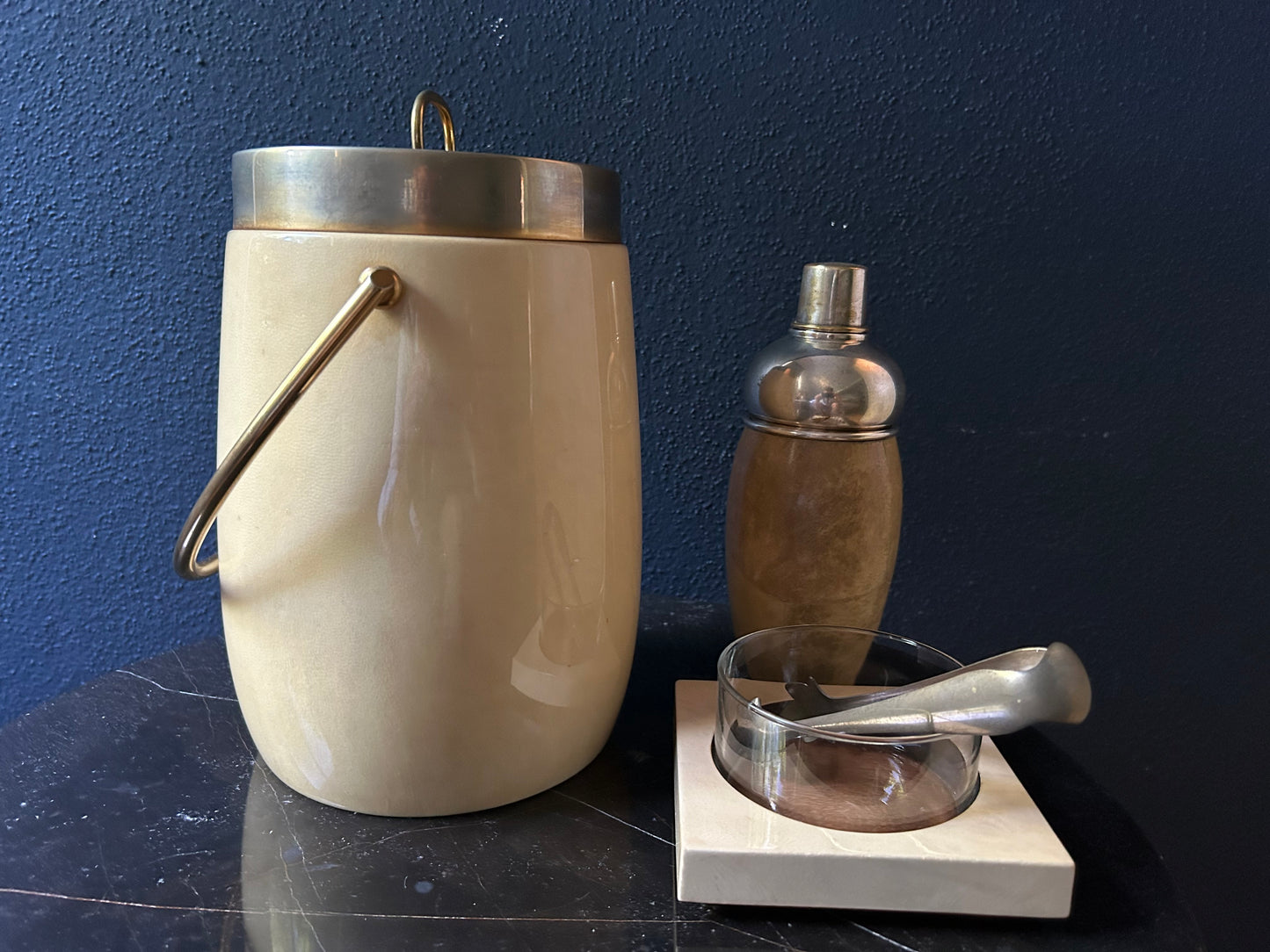3 Piece Aldo Tura Barware Set with Ice Bucket, Shaker, Sugar Tong and Serving Bowl, Italy, 1970s