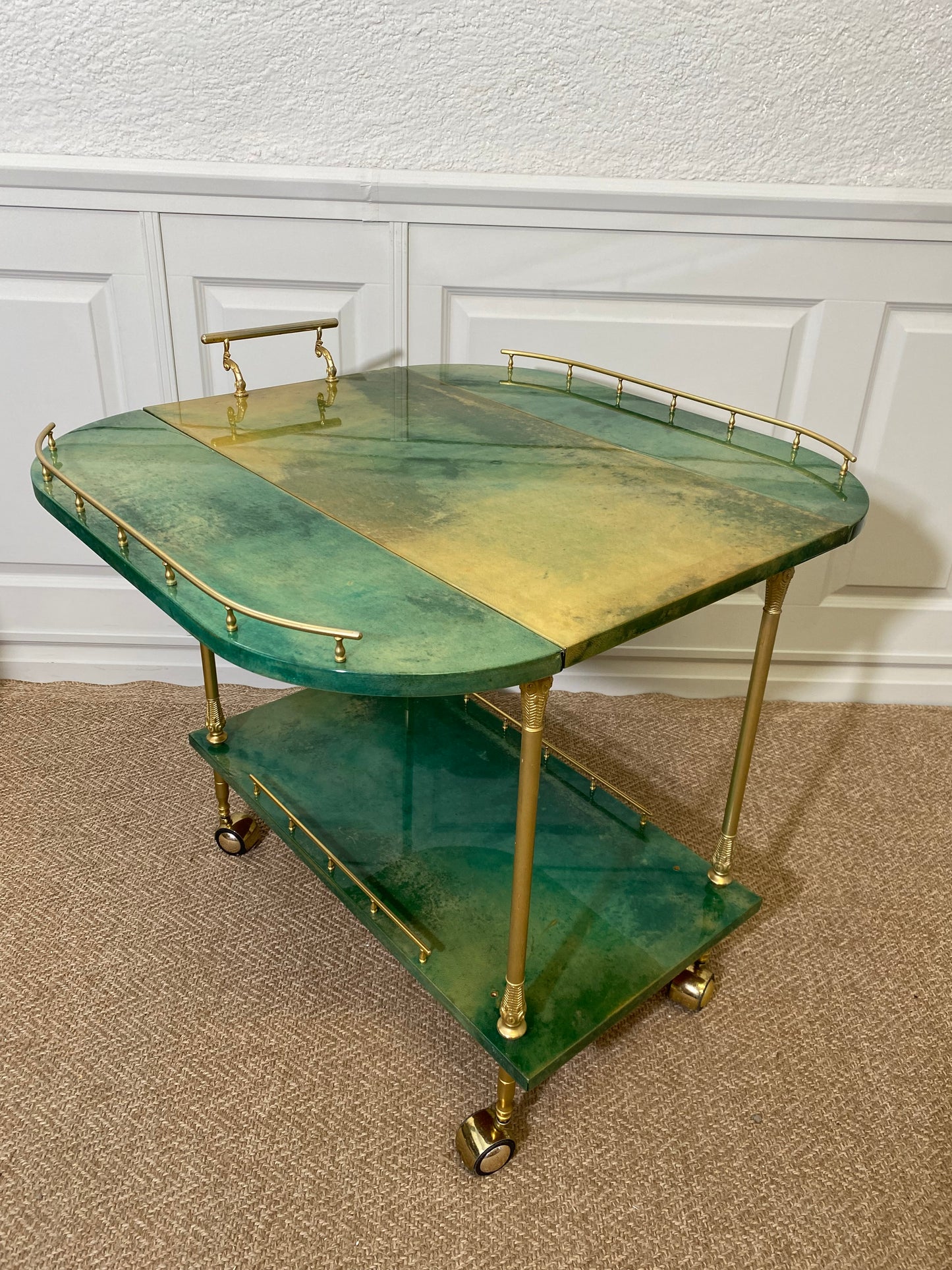 ALDO TURA Bar Cart in Green with Foldable Sides, Italy, 1960s