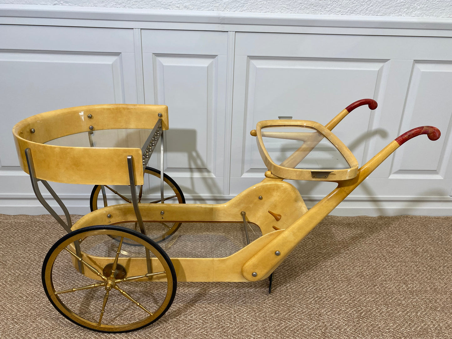 Cream Colored Aldo Tura Bar Cart Serving Trolly, Italy 1960s