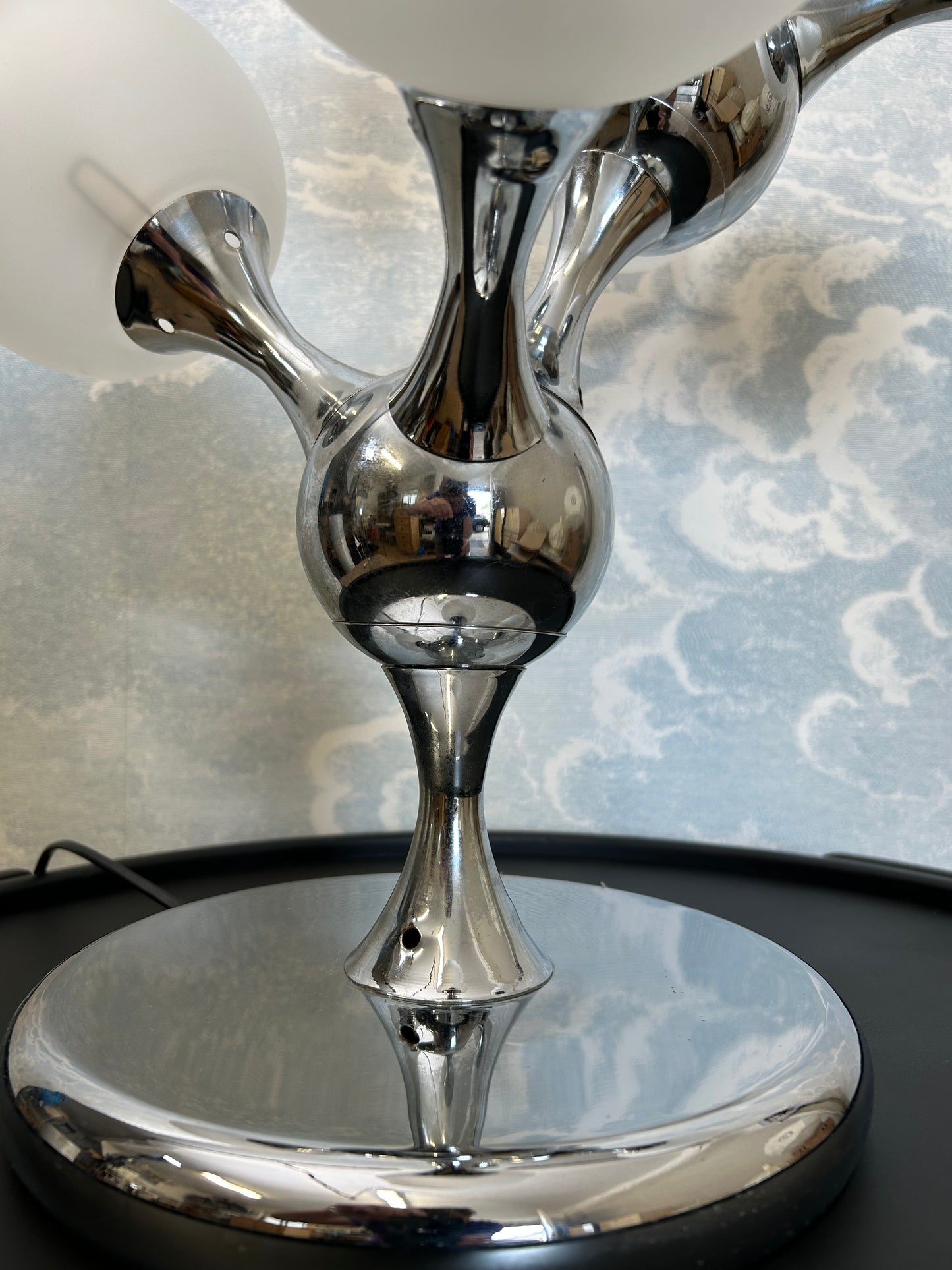 Unique Table Lamp with Chrome Frame and Opaque Glass Globes, 1970's, Space Age, Atomic Age, Sputnik