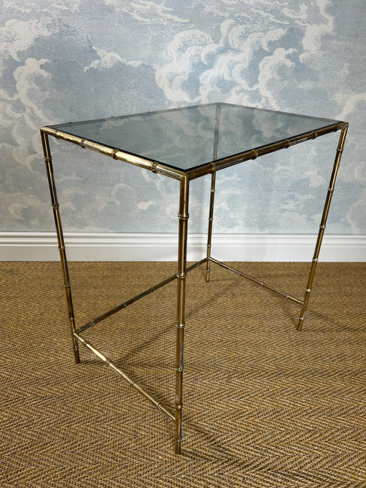 Faux Bamboo End Table with Smoked Glass on Brass Frame, in the Style of Maison Jansen, France, 1970s, Hollywood Regency