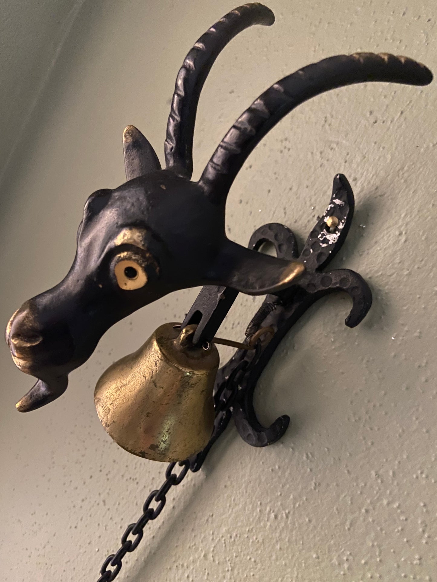 Wall Mounted Goats-Head Brass Bell in the Style of Walter Bosse, Austria, 1950's