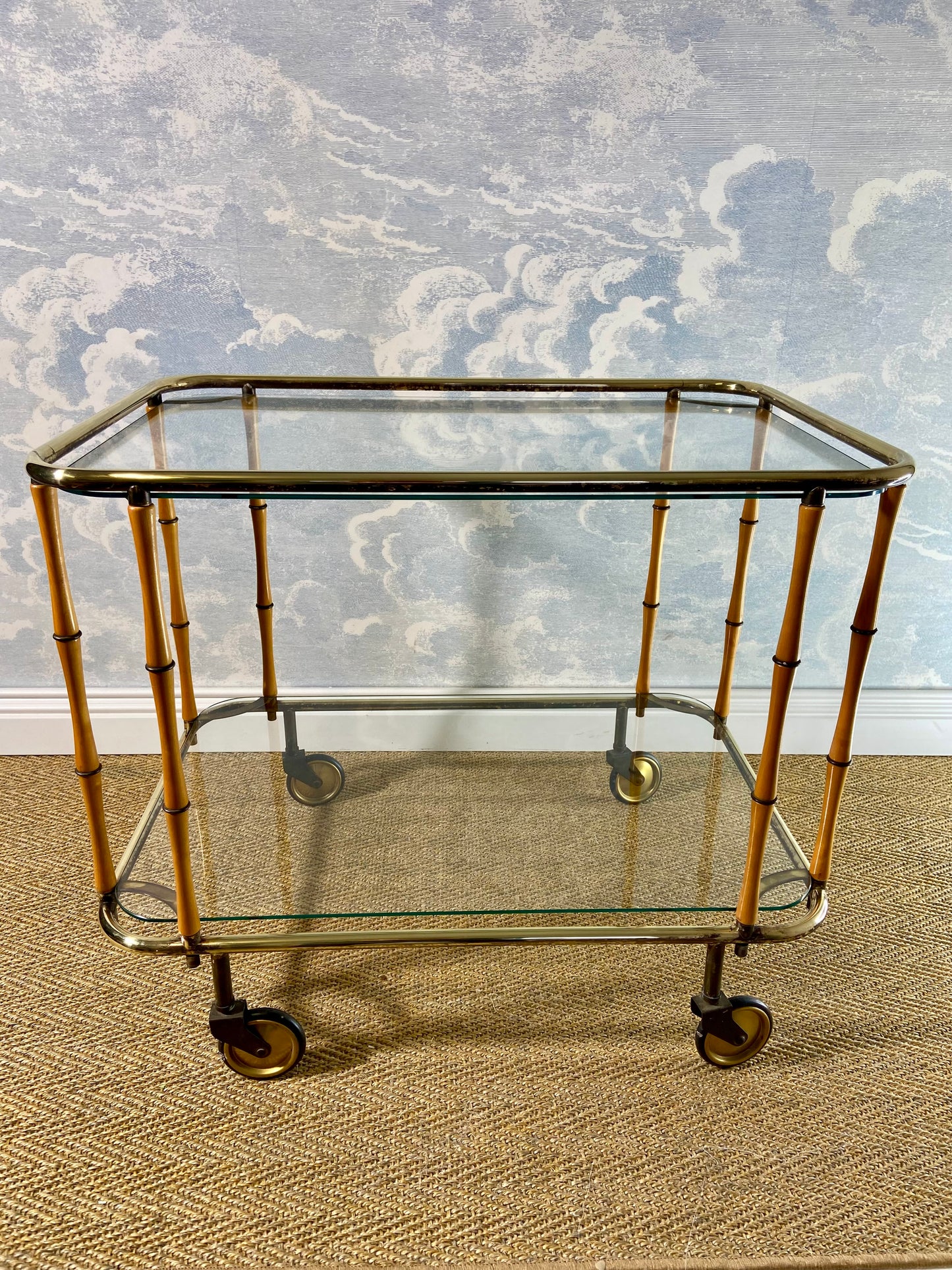 Bamboo Cocktail Trolley Bar Cart Attr. Maison Jansen, Vintage 60s Boho Midcentury Dry Bar