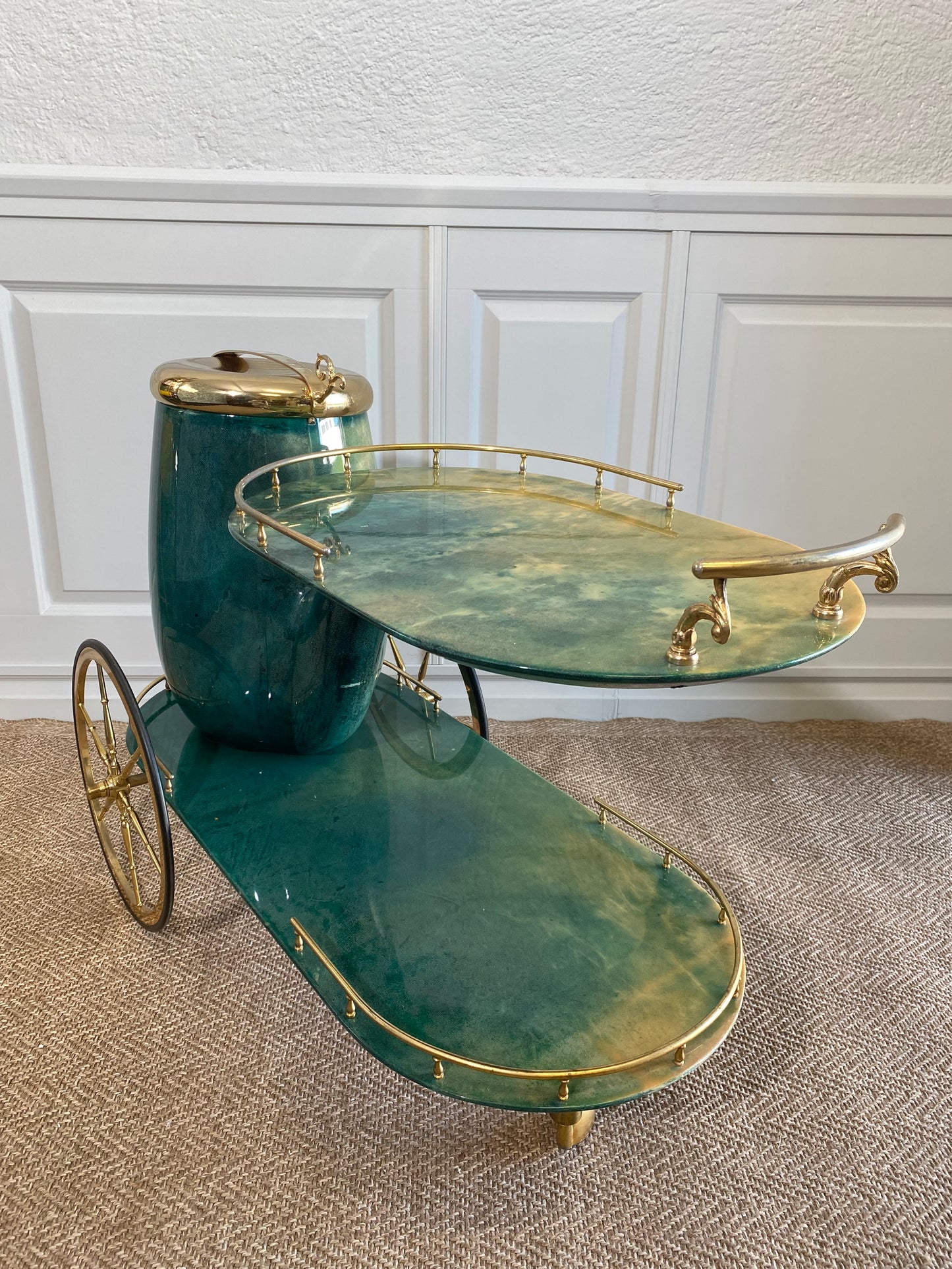 Emerald Green ALDO TURA Pipe Bar Cart, Italy 1960s