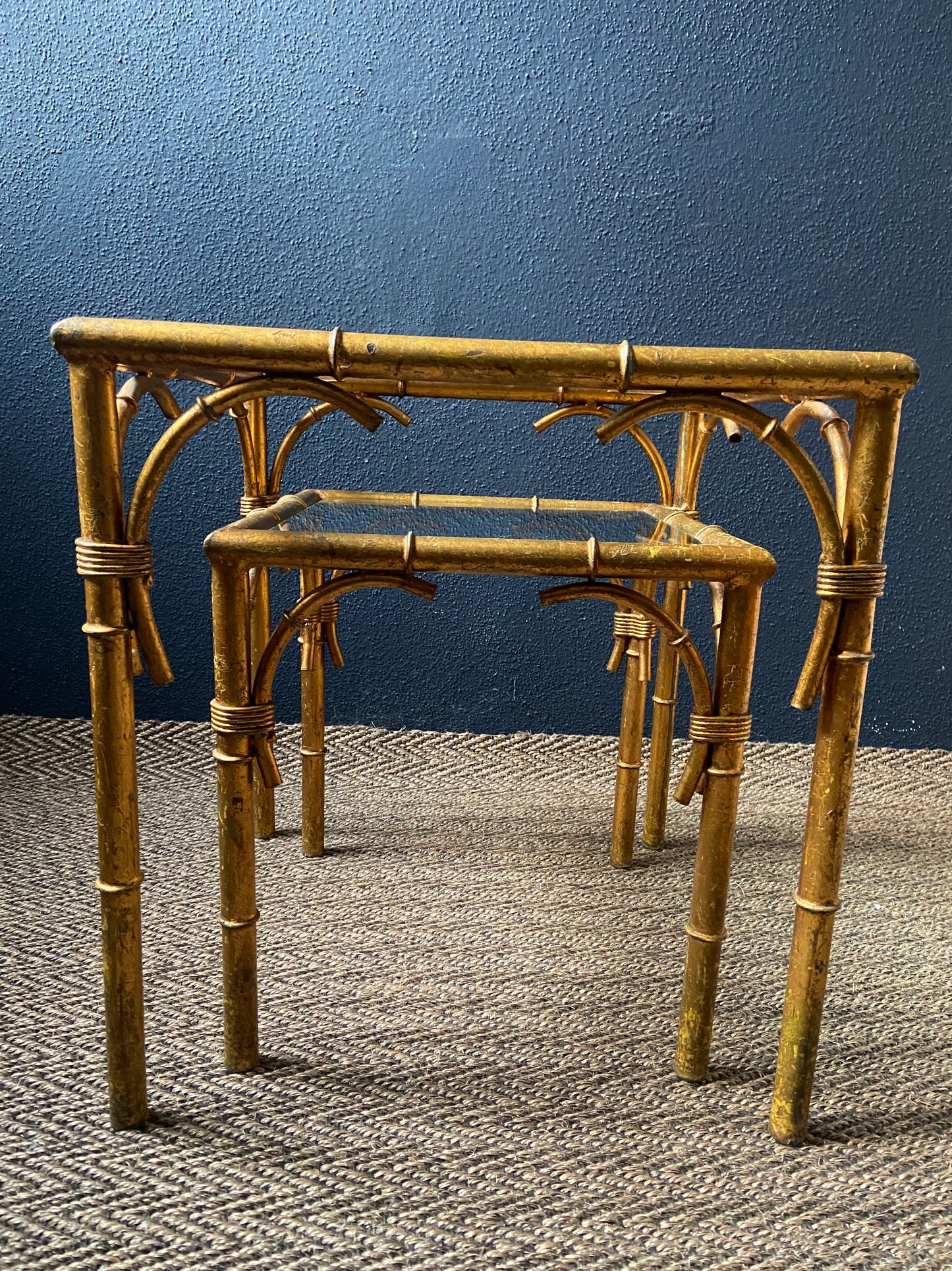 Pair of Faux Bamboo Nesting Tables with Glass Tops, France, 1960s