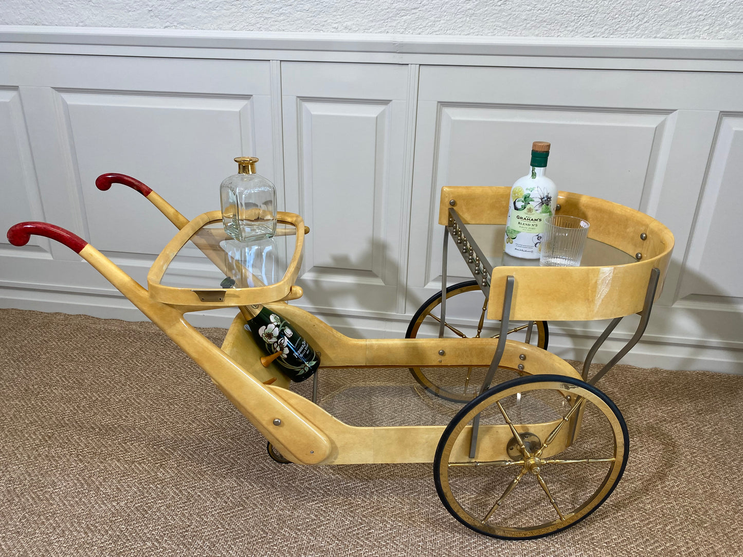 Cream Colored Aldo Tura Bar Cart Serving Trolly, Italy 1960s