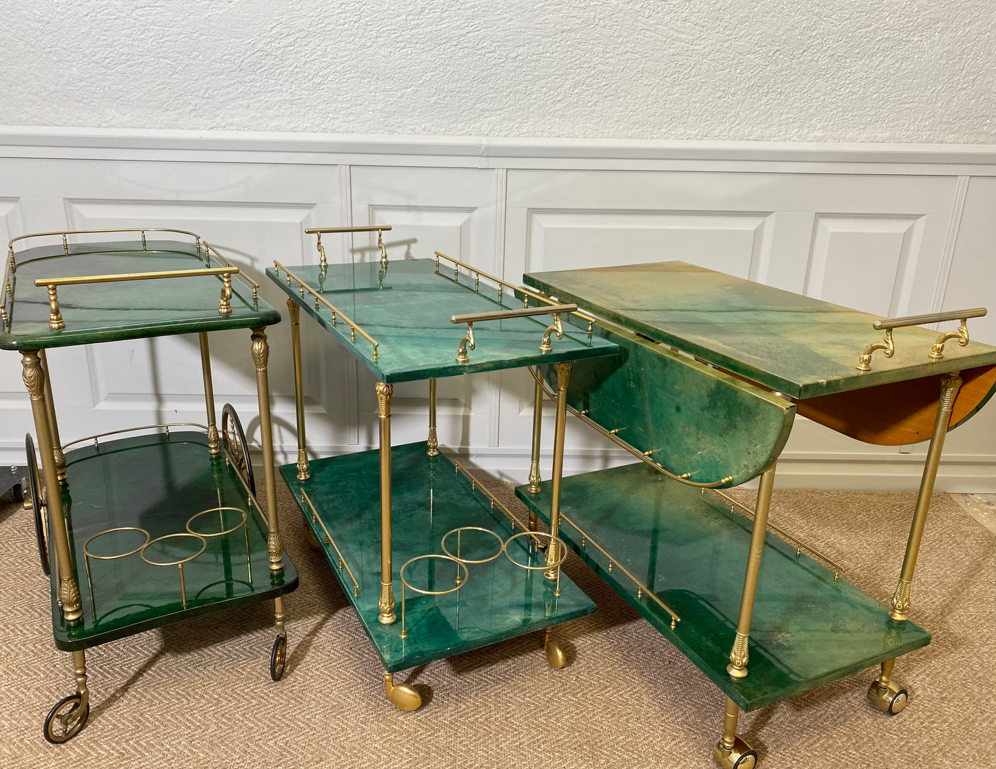 ALDO TURA Bar Cart in Green with Foldable Sides, Italy, 1960s