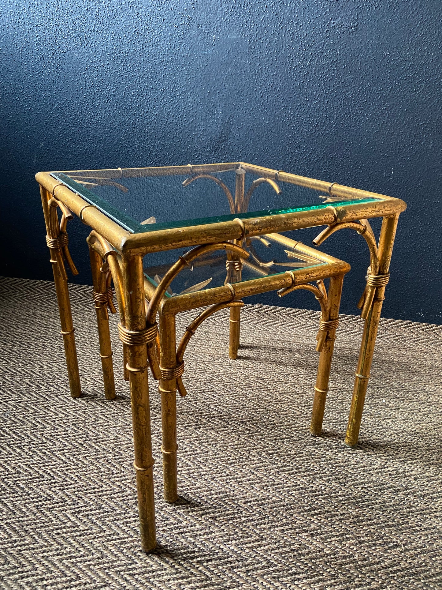 Pair of Faux Bamboo Nesting Tables with Glass Tops, France, 1960s