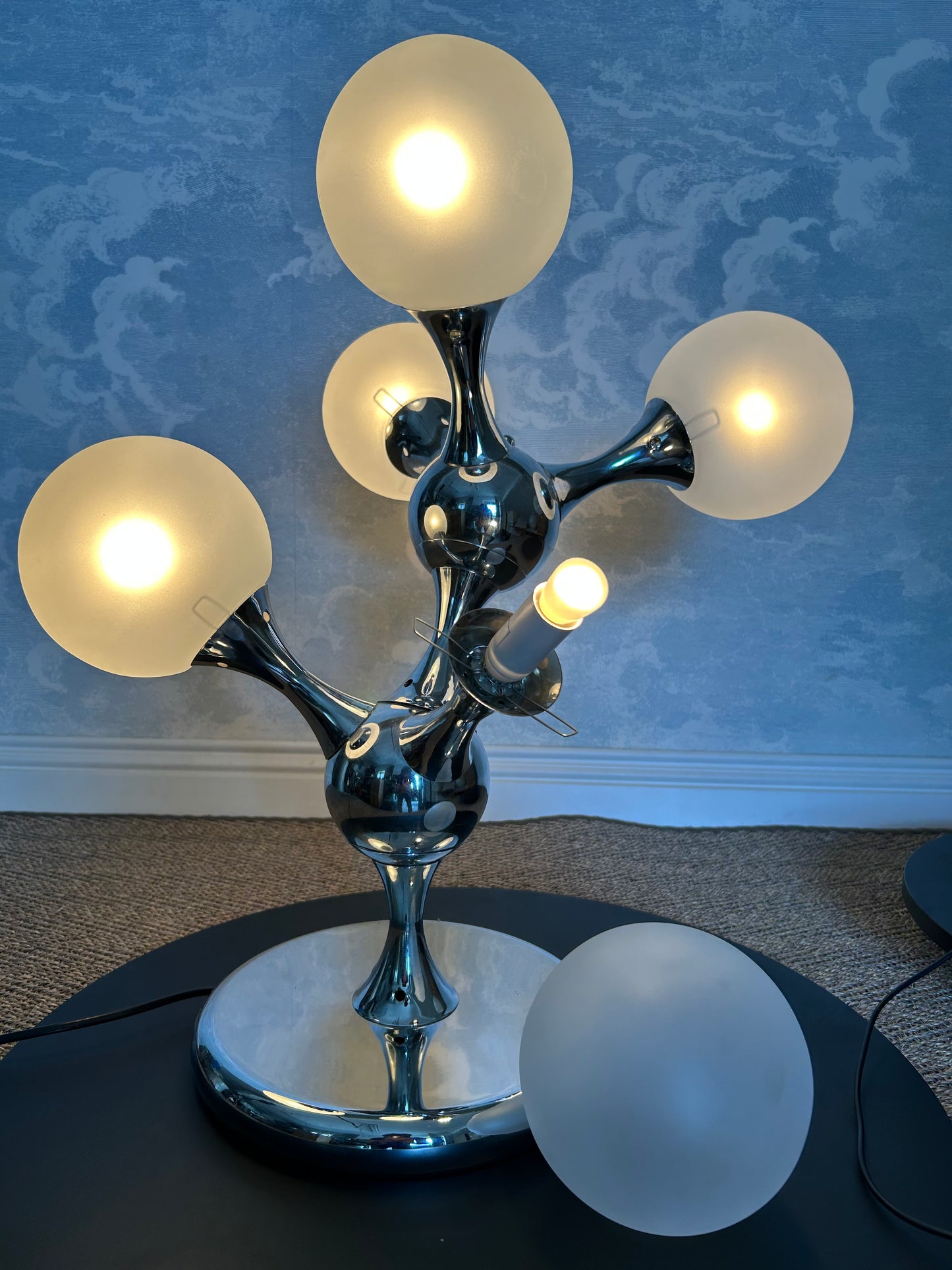Unique Table Lamp with Chrome Frame and Opaque Glass Globes, 1970's, Space Age, Atomic Age, Sputnik