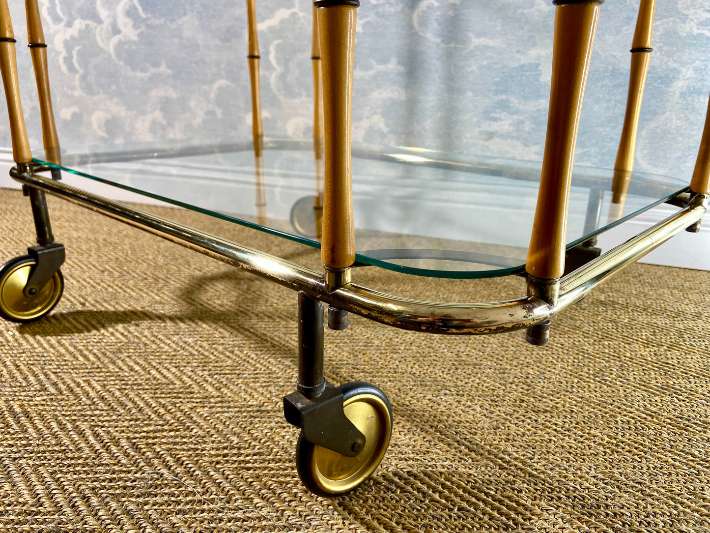 Bamboo Cocktail Trolley Bar Cart Attr. Maison Jansen, Vintage 60s Boho Midcentury Dry Bar