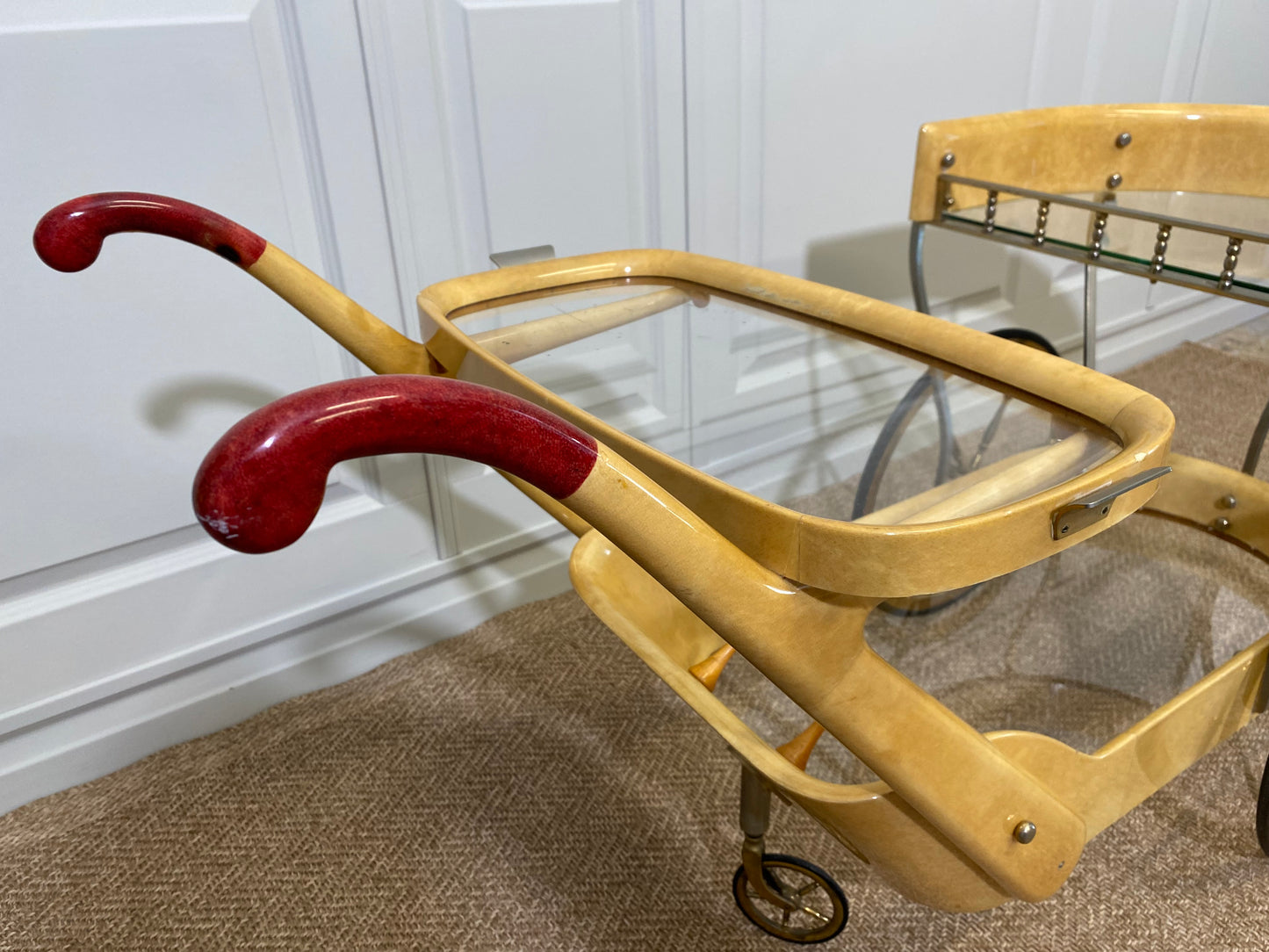 Cream Colored Aldo Tura Bar Cart Serving Trolly, Italy 1960s