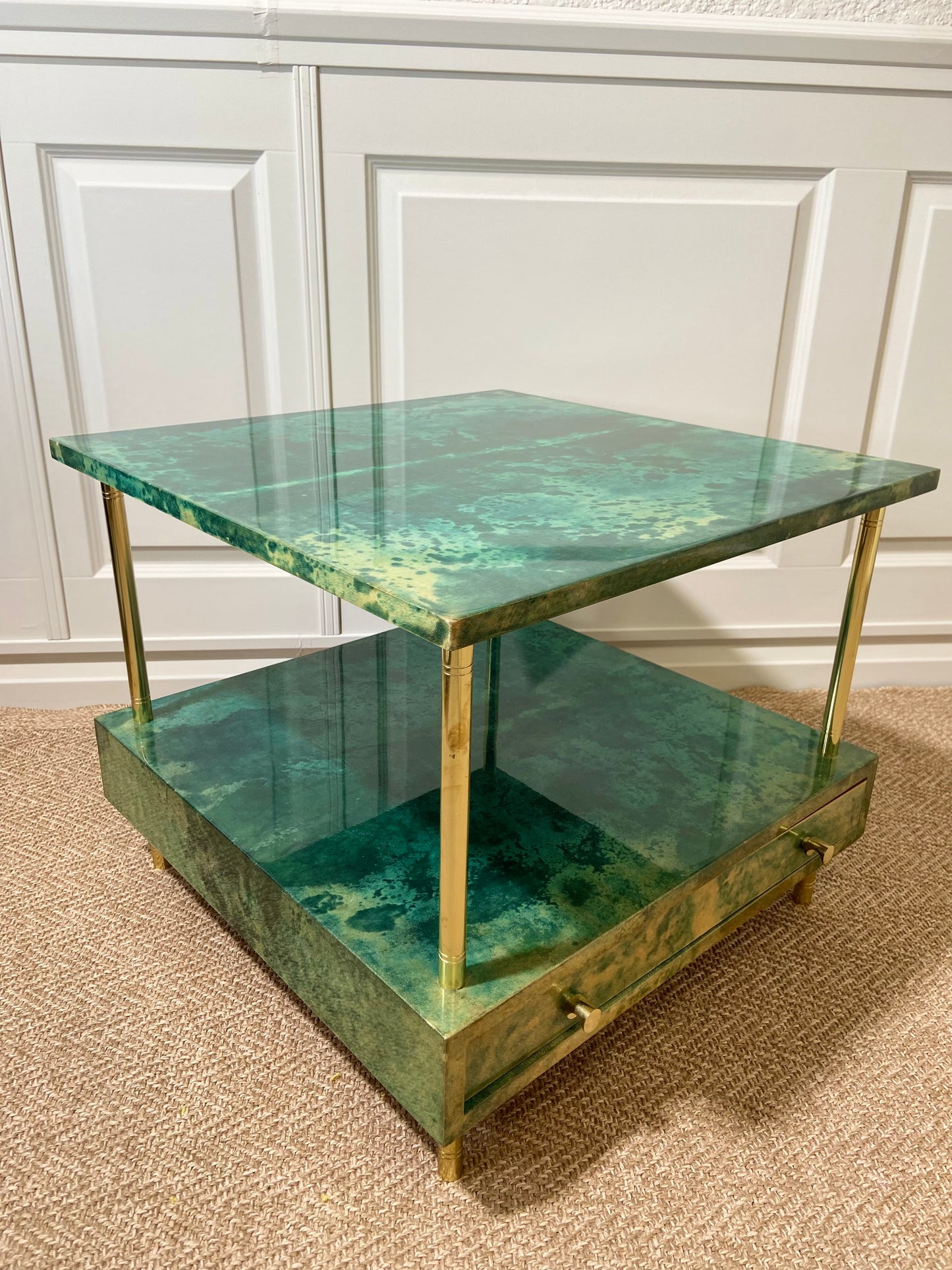 Aldo Tura Side Table in Aqua Green with Brass Legs and Bottom Drawer