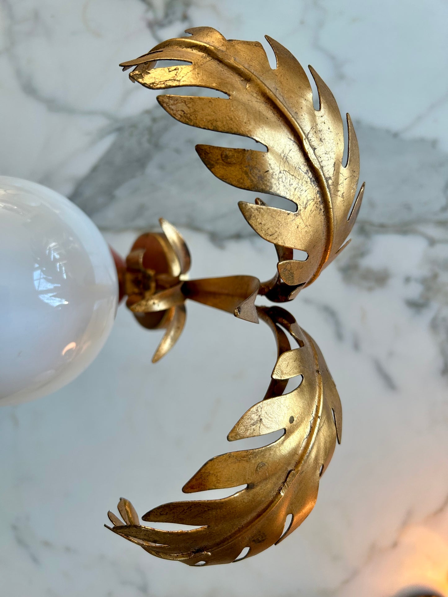 Pair of Hollywood Regency Palm Leaf Sconces with Opaque Globes by Hans Kögl, Germany, 1970s