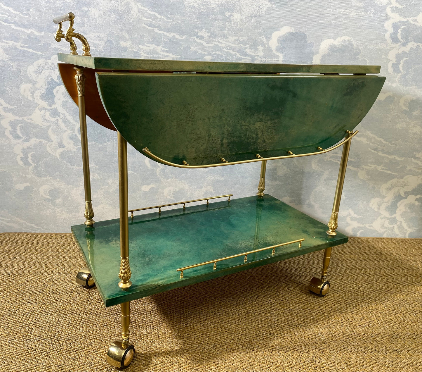 ALDO TURA Bar Cart in Green with Foldable Sides, Italy, 1960s
