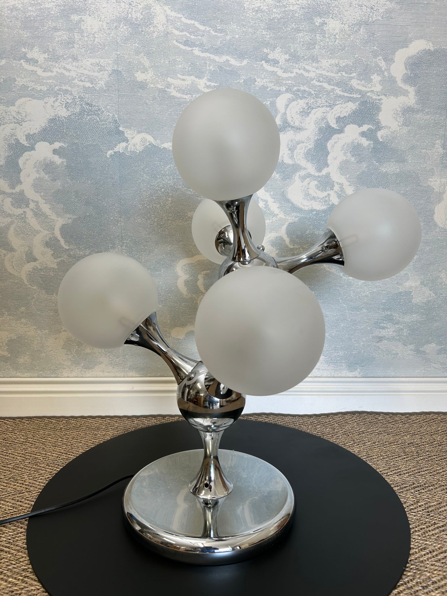 Unique Table Lamp with Chrome Frame and Opaque Glass Globes, 1970's, Space Age, Atomic Age, Sputnik
