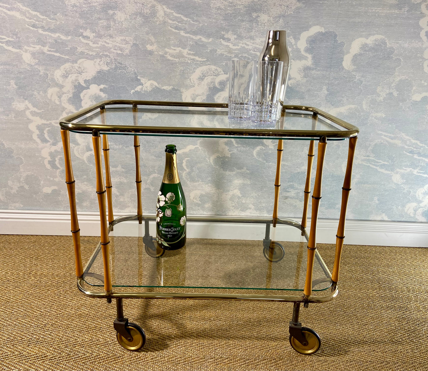 Bamboo Cocktail Trolley Bar Cart Attr. Maison Jansen, Vintage 60s Boho Midcentury Dry Bar