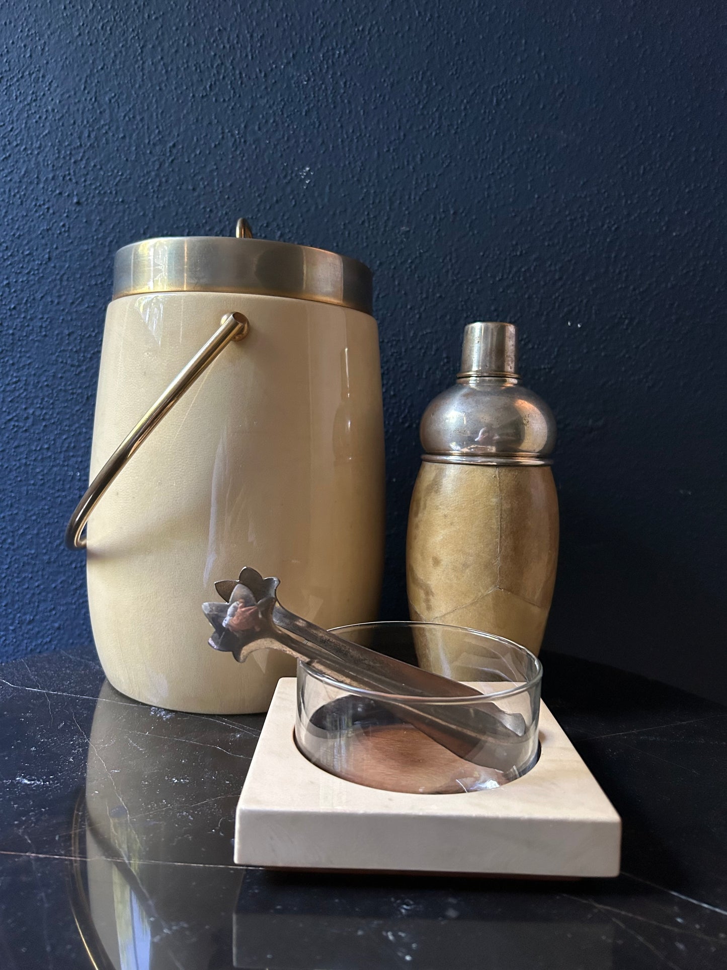 3 Piece Aldo Tura Barware Set with Ice Bucket, Shaker, Sugar Tong and Serving Bowl, Italy, 1970s