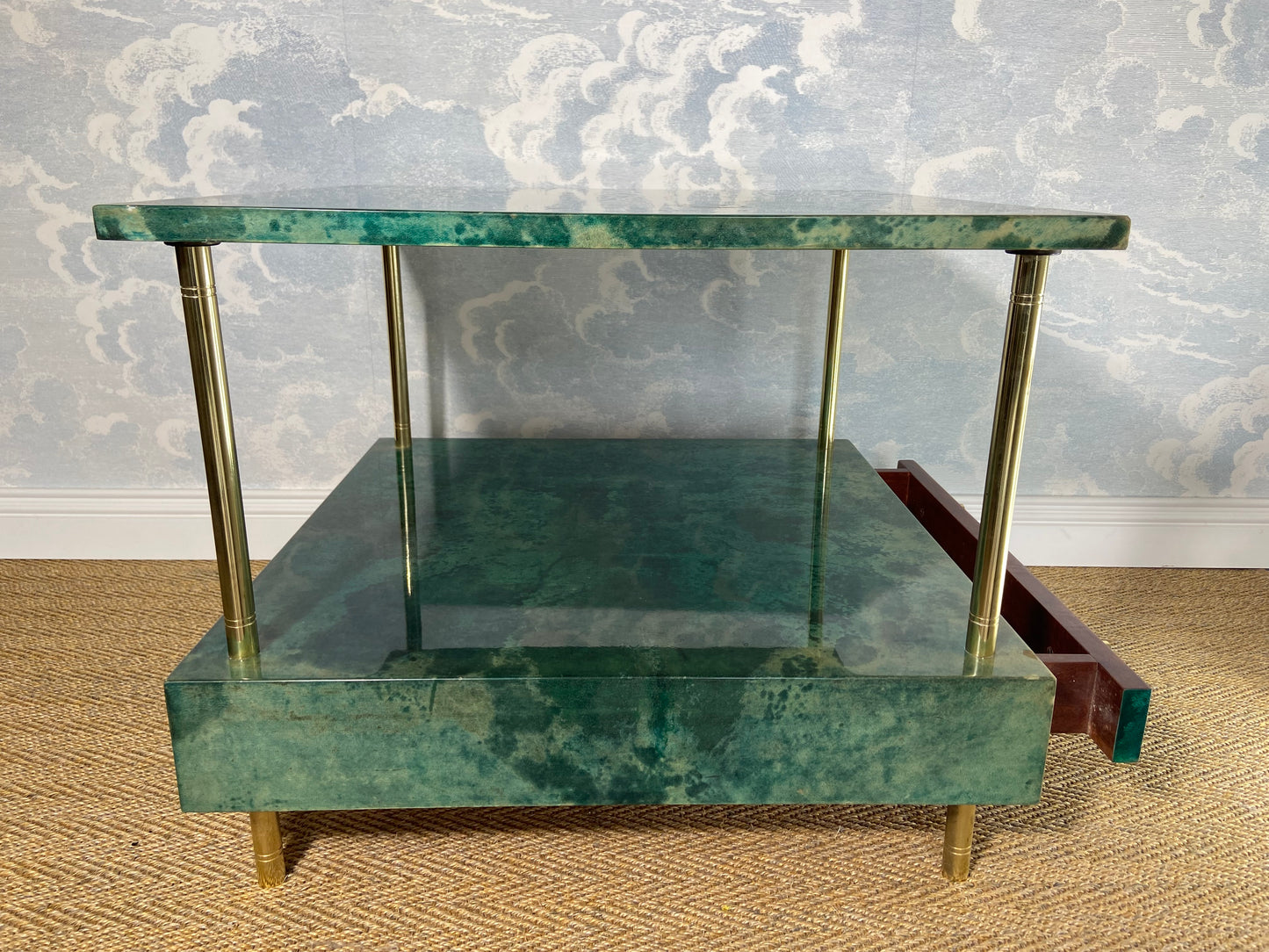 Aldo Tura Side Table in Aqua Green with Brass Legs and Bottom Drawer