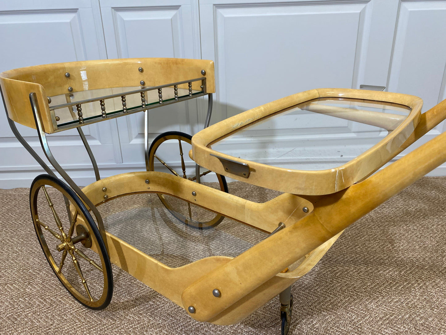 Cream Colored Aldo Tura Bar Cart Serving Trolly, Italy 1960s