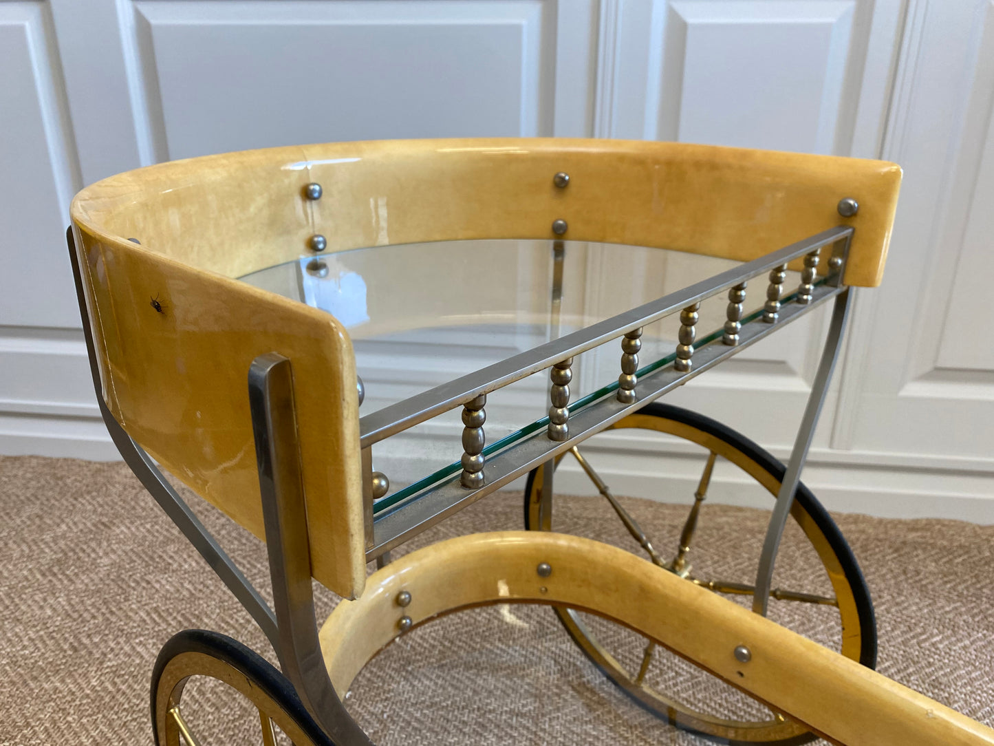 Cream Colored Aldo Tura Bar Cart Serving Trolly, Italy 1960s