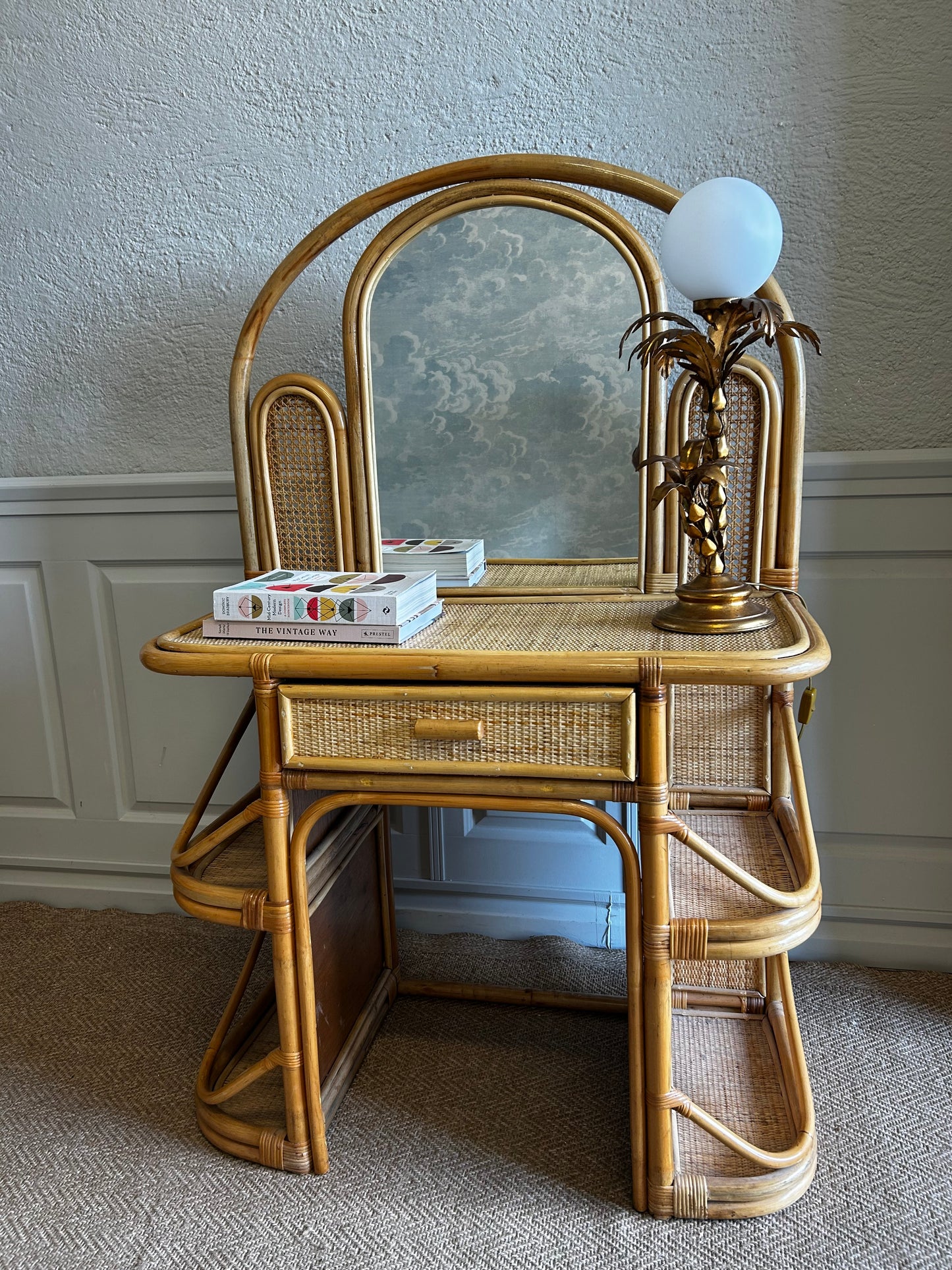 Bamboo and Rattan Vanity / Dressing Table with Drawer and Mirror, 1970's Mid-century Modern