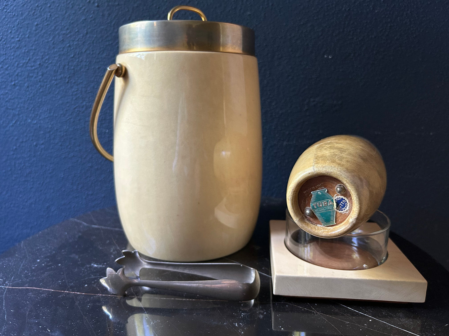 3 Piece Aldo Tura Barware Set with Ice Bucket, Shaker, Sugar Tong and Serving Bowl, Italy, 1970s