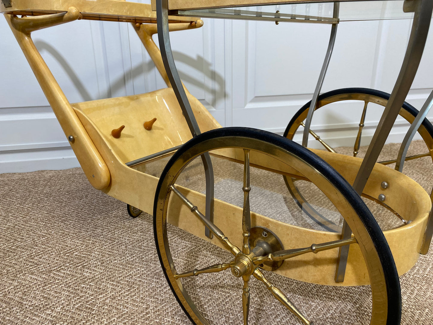 Cream Colored Aldo Tura Bar Cart Serving Trolly, Italy 1960s
