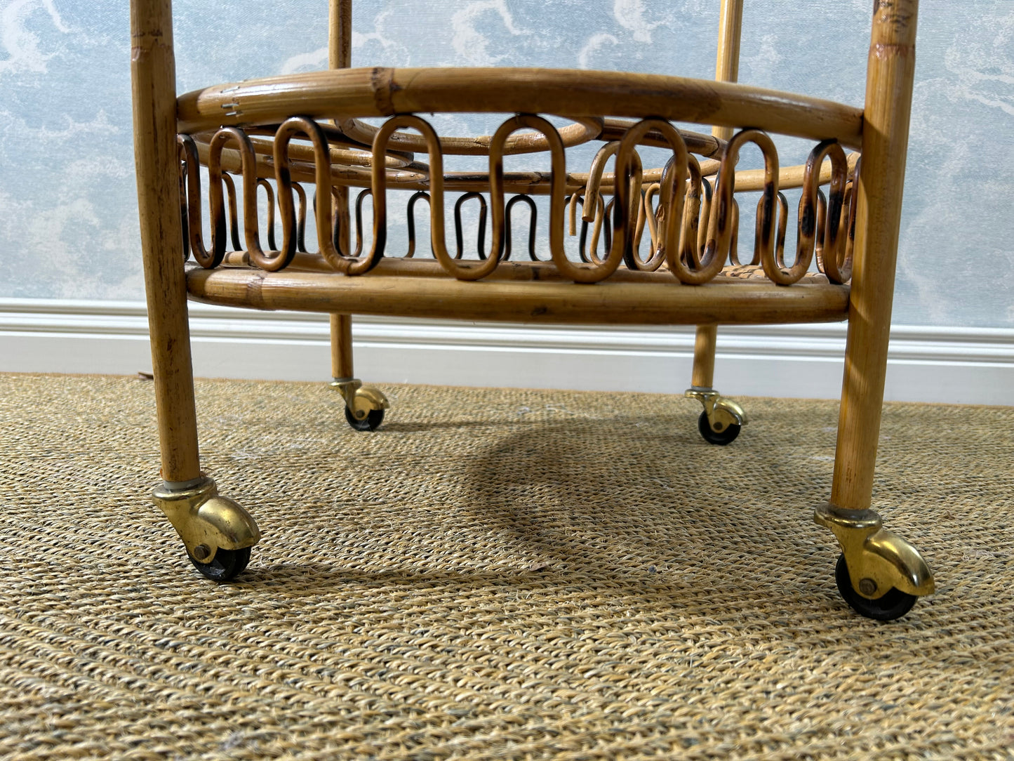 Round Bamboo Bar Cart in the Style of Franco Albini, Vintage 60s French Riviera