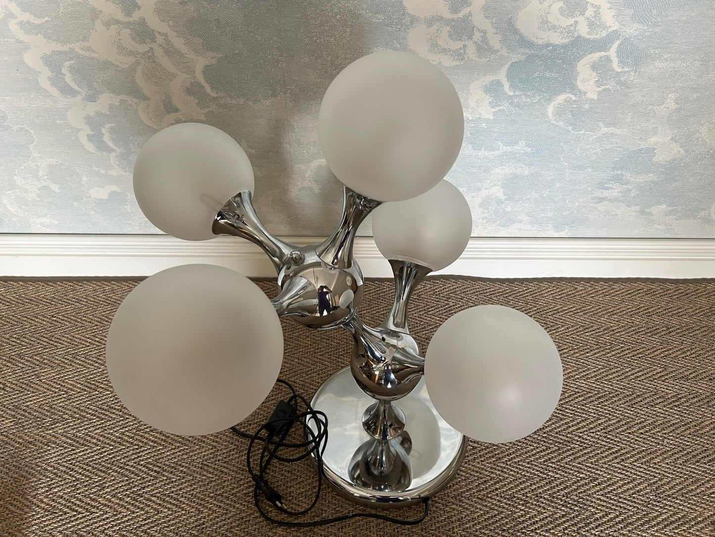 Unique Table Lamp with Chrome Frame and Opaque Glass Globes, 1970's, Space Age, Atomic Age, Sputnik